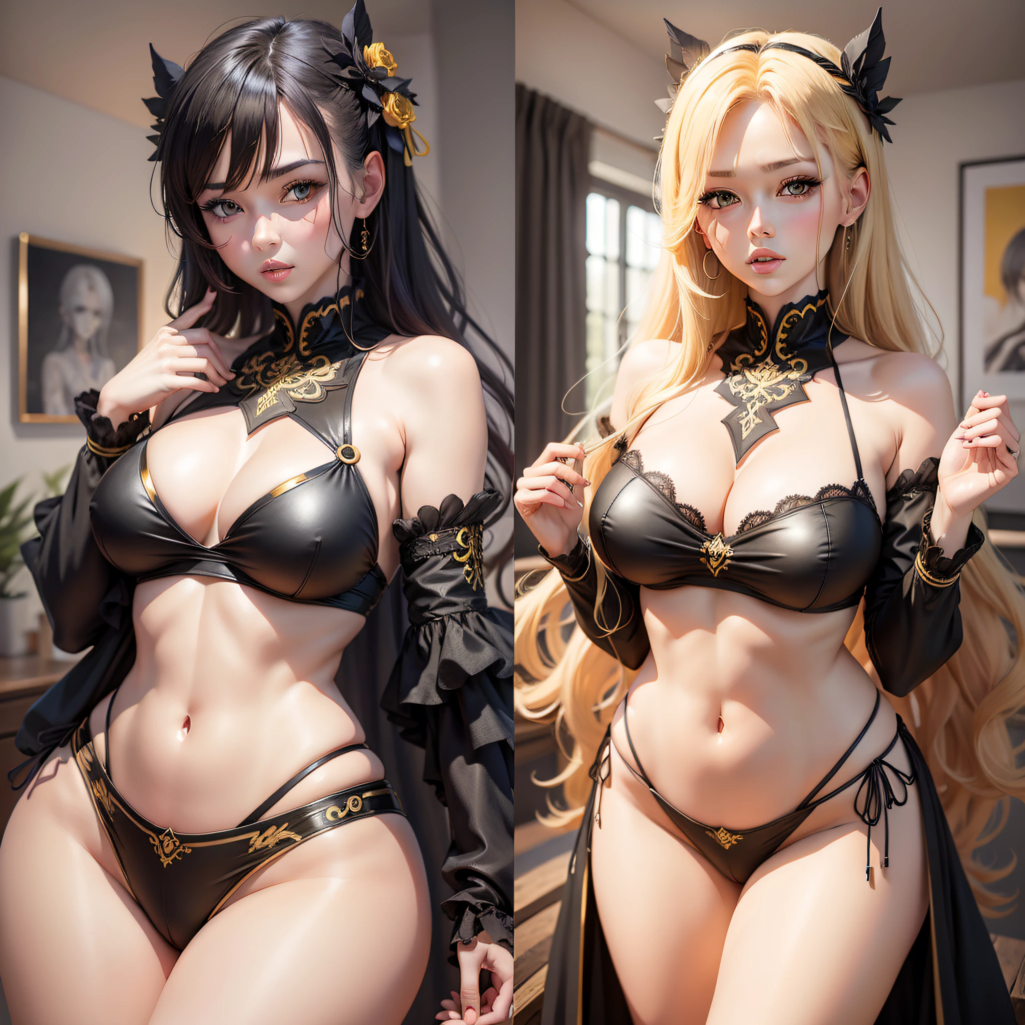 sensual and realistic anime, Nordic style, show full body, sensual Nordic dress in yellow and black colors