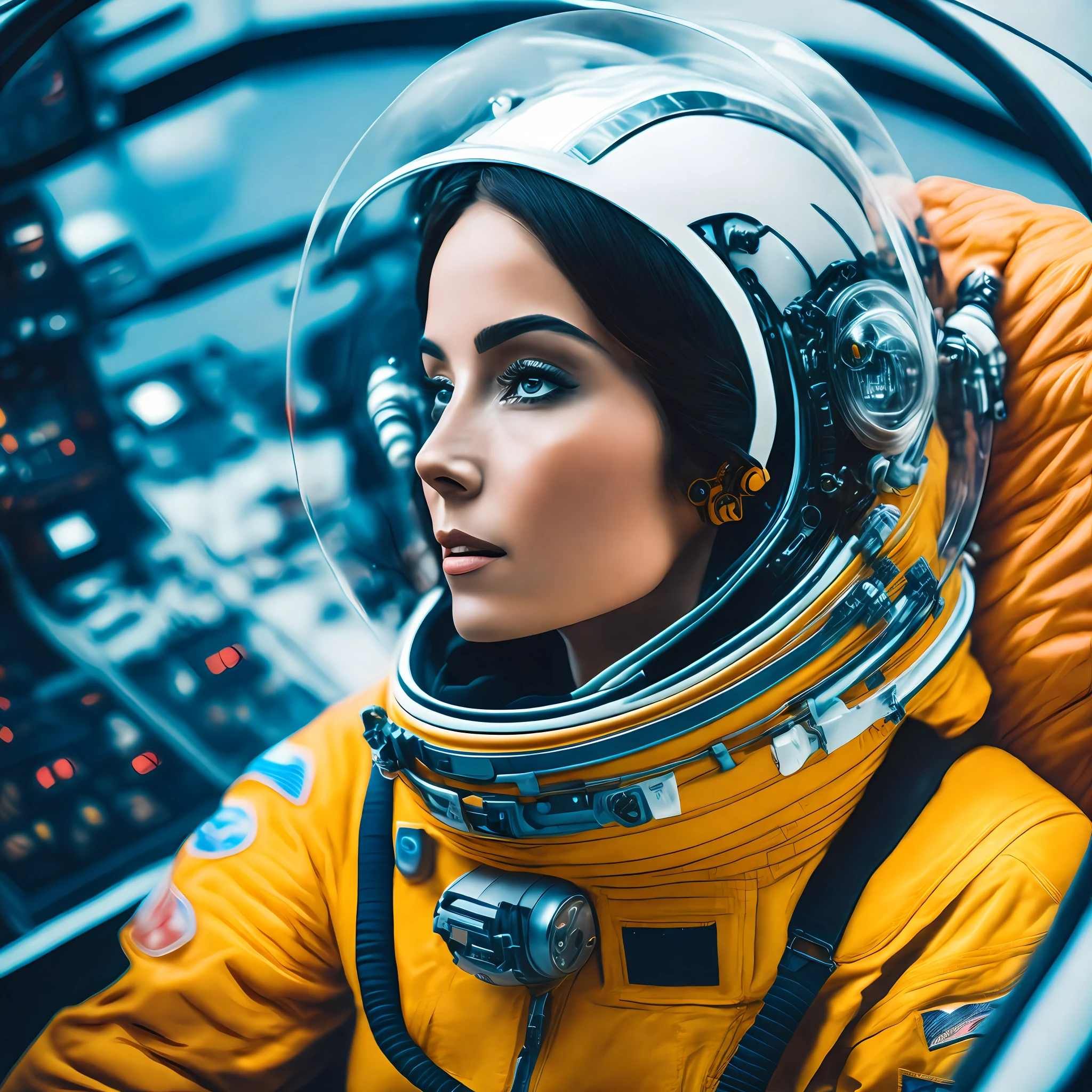 Photo of a perfect beautiful woman in the cockpit, space helmet, space suit, life support system, breathing apparatus, realistic photo, kodak ultra max, 85mm, shot on iphone 7, dslr, high quality, realistic, raw, 4k,