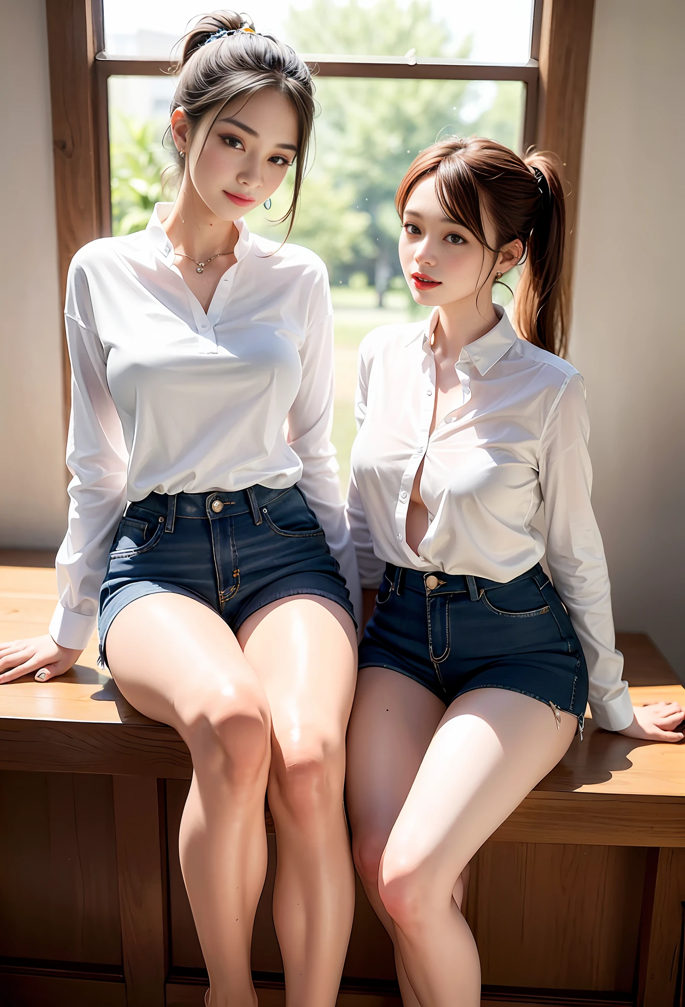 Delicate, masterpiece, beautiful details, colorful, delicate details, delicate lips, intricate details, large breasts, areola visible, navel visible, 1 female, (a beautiful 20-year-old cute Korean woman: 1.1), (Hallyu idol, Korean mix), (50mm Sigma f/1.4 Zeiss lens, F1.4, 1/800s, ISO 100, photo: 1.1), (ponytail + Brunette 1.2), (Reality: 1.4), (Spy: 1.2), (Blue skinny jeans, white sheer shirt open, areola visible, blue skinny jeans, Christian Louboutin (brand), :1.3), earrings, necklace, armbands, (Tavern: 1.8), (Beautiful legs, tall children, skinny, slim_legs, thigh_gap, model: 1.2), lens flare, from front, gaze into the lens, (happy smile: 1.5), Dynamic posture, (makeup: 1.2), standing, sexy, pronounced perineum, white skin