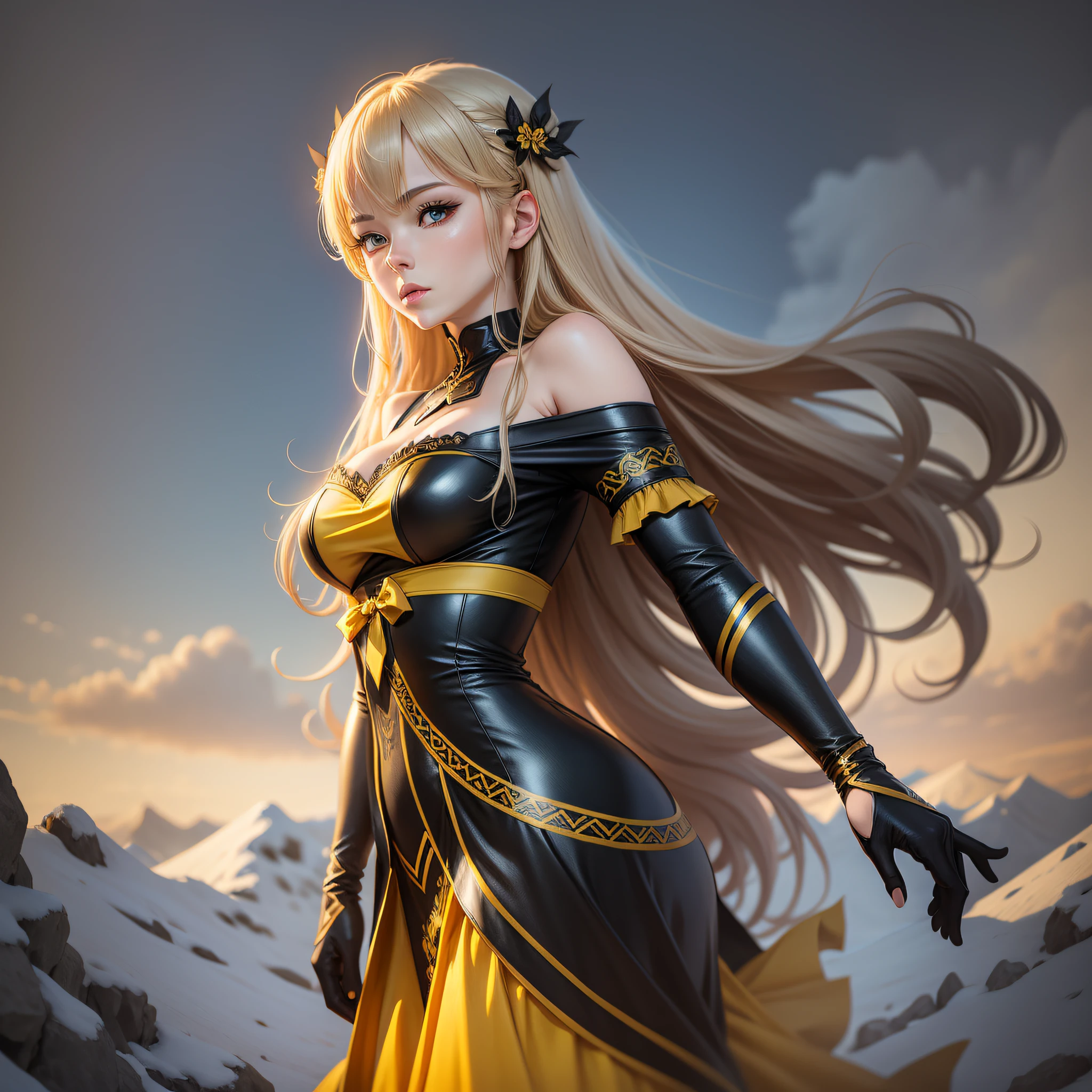 sensual and realistic anime, Nordic style, show full body, sensual Nordic dress in yellow and black colors