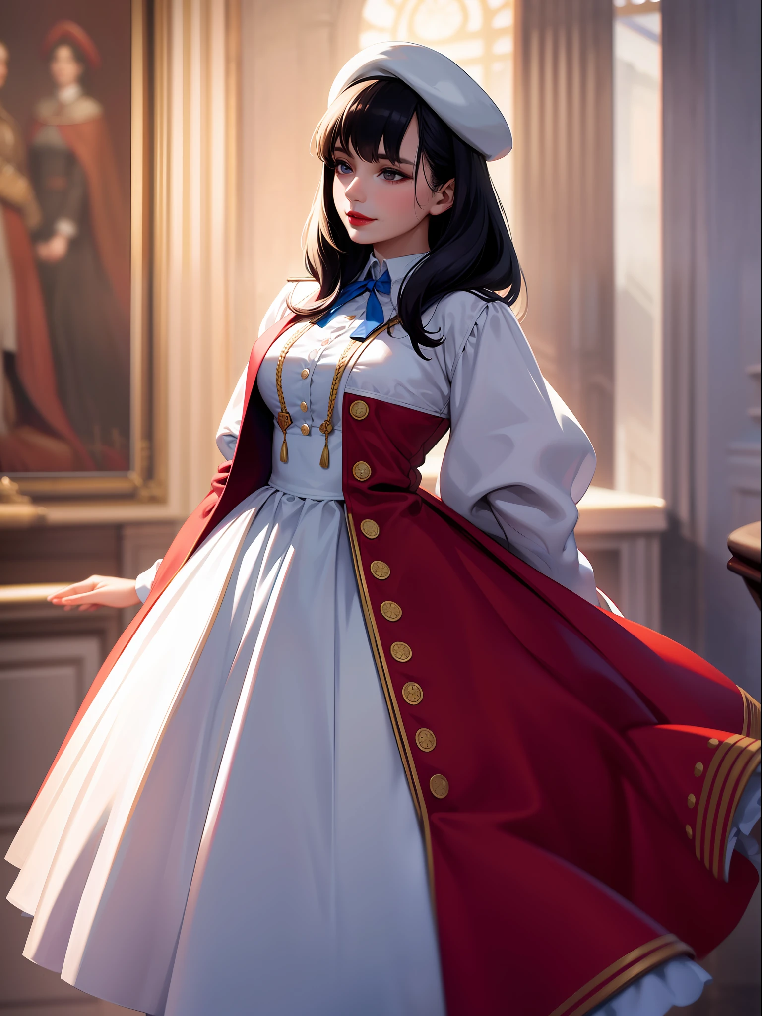 1girl, best quality, realistic, solo, depth of field, natural lighting,, beautiful european girl face, french, clean, pure face, pale skin, beautiful, charming, lady, black hair, red lips, rose in mouth, french general clothing 1800, french revolution, full body, hot, rose in mouth, general clothing, blue coat, smirking,