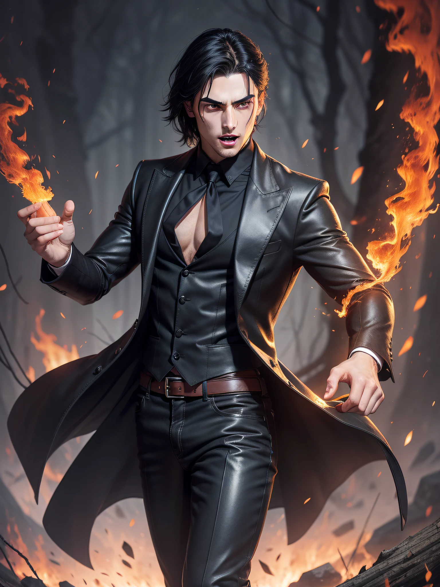 There is one young vampire handsome man with a perfect thin face face, clean-shaven, with yellow eyes, thin eyebrows, straight nose and long straight black hair in black long old clothes, a thin young man of 30 years old throws fire with his hands, an expression of rage on his face, his eyebrows are drawn together, his eyes are burning, the background is a dark burning forest at night, full-length