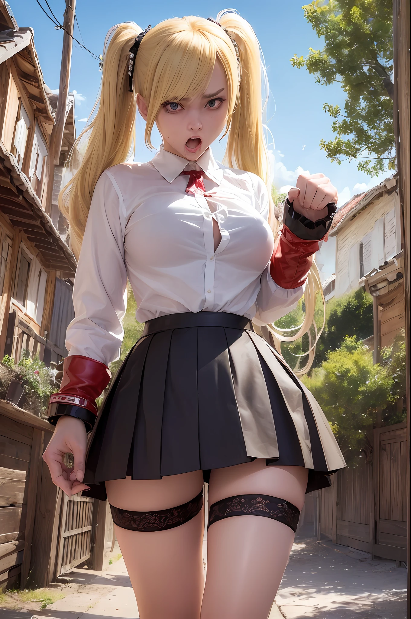 masterpiece, best quality, super detailed, beautiful detailed face, intricate details, flat color, depth of field, outline, overall view, camera far away, girl, standing far away, teenager, anime, standing, full-length, visible full-length, wide stance, (legs wide apart:1.4), (fighting stance:1.7), (looking at the viewer:1.1), looking at the camera, (village:1), nature, (blonde:1.6), (twintails:1.5), red pleated miniskirt, red skirt, white shirt, white shirt, unbuttoned top buttons, unbuttoned shirt, white blouse, (without bra:1.1), plunging neckline, black tights, detailed leather texture, detailed fabric texture, huge breasts, (blue eyes:1,1), (ruddy:1), (dissatisfied:1.4), (angry:1.3), (furious:1.6), (frowned:1.2)