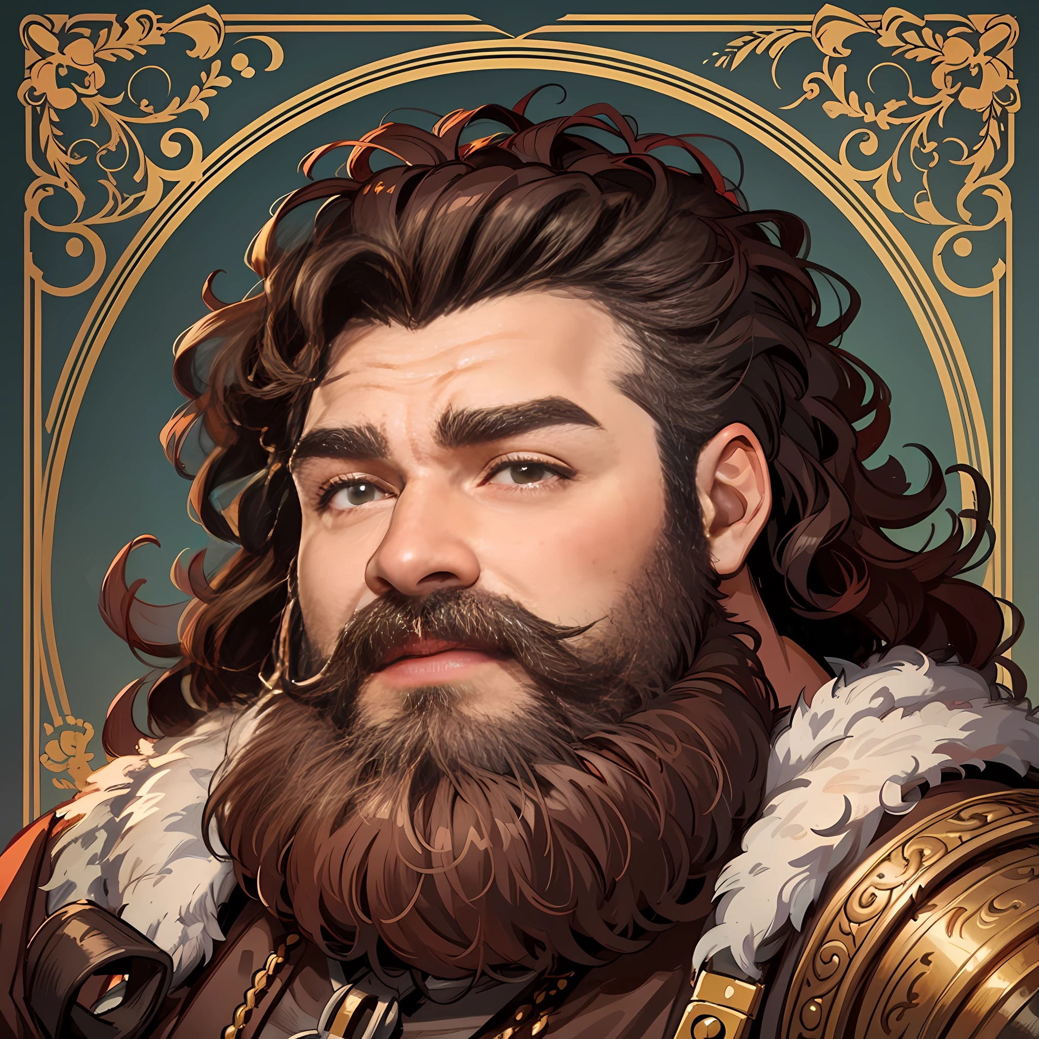 Portrait Rpg, close-up, Vector art, Race: Dwarf, Gender: Male, Eyes: Dark brown; Skin colour: Fair skin, Hair: Curly redhair, Physique: Very fat complexion, Facial features: Deep curly beard, Expression: Cozy look, Equipment: dwarf king clothing, Background: Forge, High quality, best quality