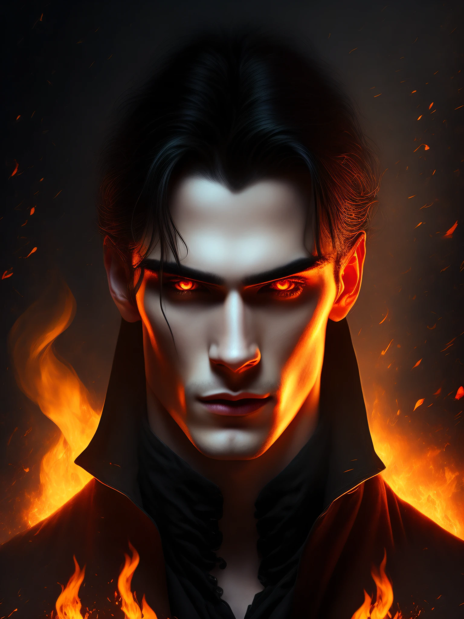 There is one young vampire handsome man with a perfect thin face face, clean-shaven, with yellow eyes, thin eyebrows, straight nose and long straight black hair in black long old clothes, a thin young man of 30 years old throws fire with his hands, an expression of rage on his face, his eyebrows are drawn together, his eyes are burning, the background is a dark burning forest at night, full-length