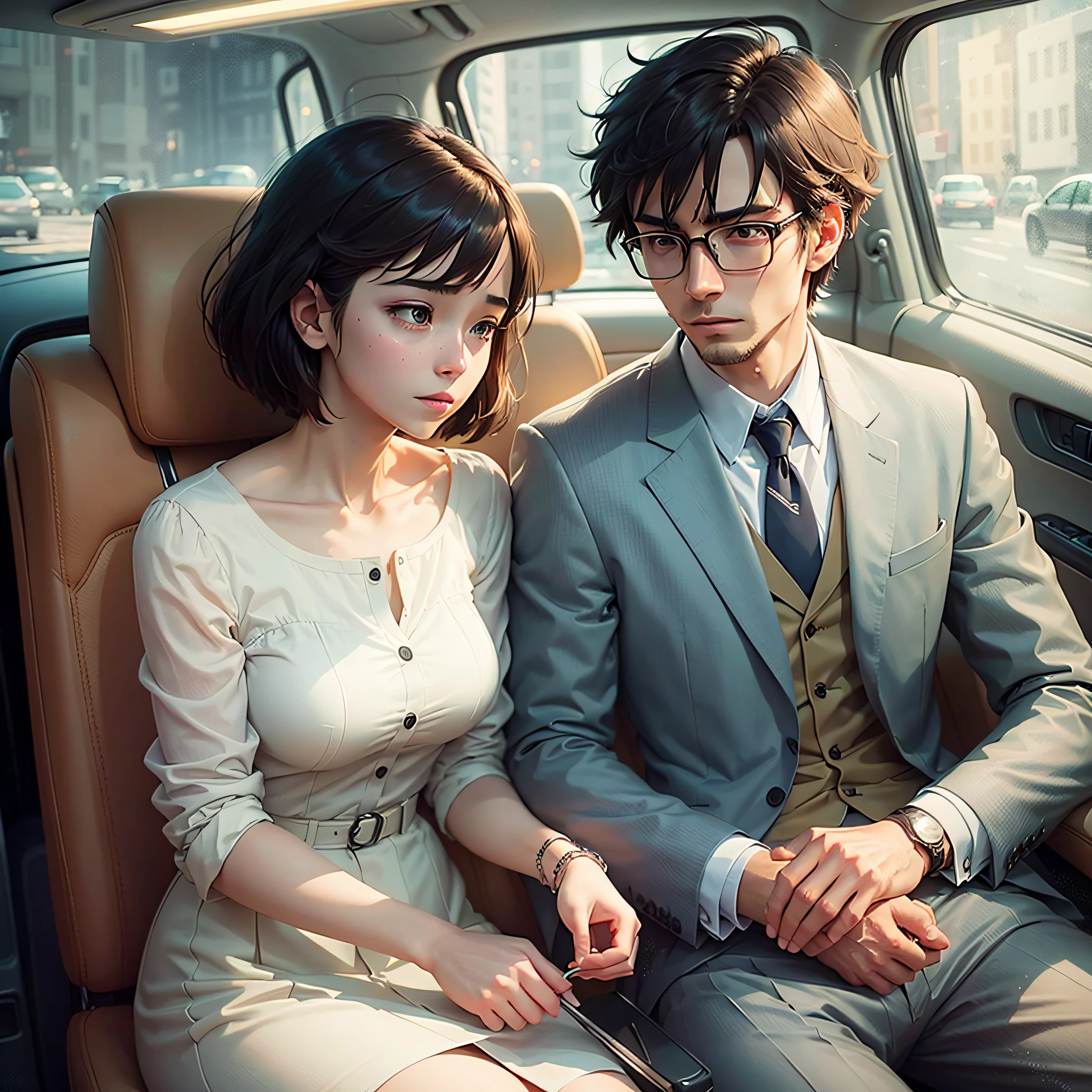 A guy dressed in a suit is in the car with his girlfriend with delicate features,
The couple is talking about the future
by Makoto Shinkai and Ghibli Studio, Dramatic Lighting,
highly detailed, amazing quality --auto --s2