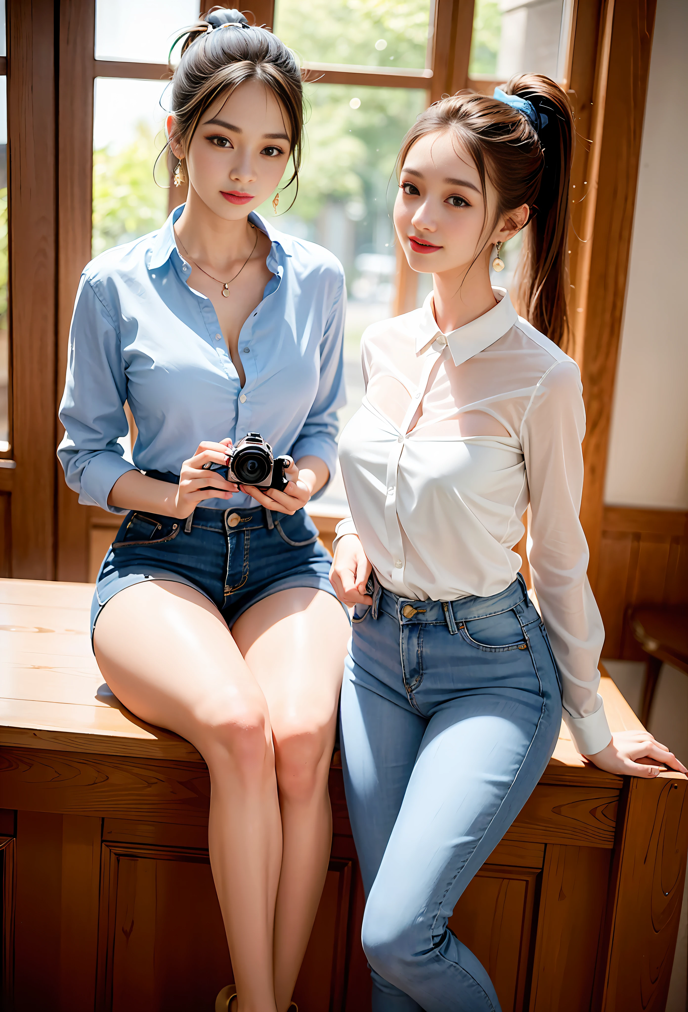 Delicate, masterpiece, beautiful details, colorful, delicate details, delicate lips, intricate details, large breasts, areola visible, navel visible, 1 female, (a beautiful 20-year-old cute Korean woman: 1.1), (Hallyu idol, Korean mix), (50mm Sigma f/1.4 Zeiss lens, F1.4, 1/800s, ISO 100, photo: 1.1), (ponytail + Brunette 1.2), (Reality: 1.4), (Spy: 1.2), (Blue skinny jeans, white sheer shirt open, areola visible, blue skinny jeans, Christian Louboutin (brand), :1.3), earrings, necklace, armbands, (Tavern: 1.8), (Beautiful legs, tall children, skinny, slim_legs, thigh_gap, model: 1.2), lens flare, from front, gaze into the lens, (happy smile: 1.5), Dynamic posture, (makeup: 1.2), standing, sexy, pronounced perineum, white skin