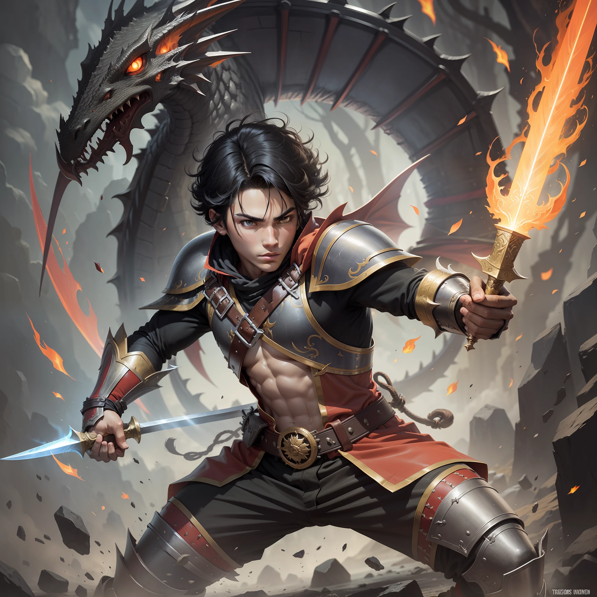 Young Warrior man 16 years old, black hair. wielding a fiery sword. Dragon eyes