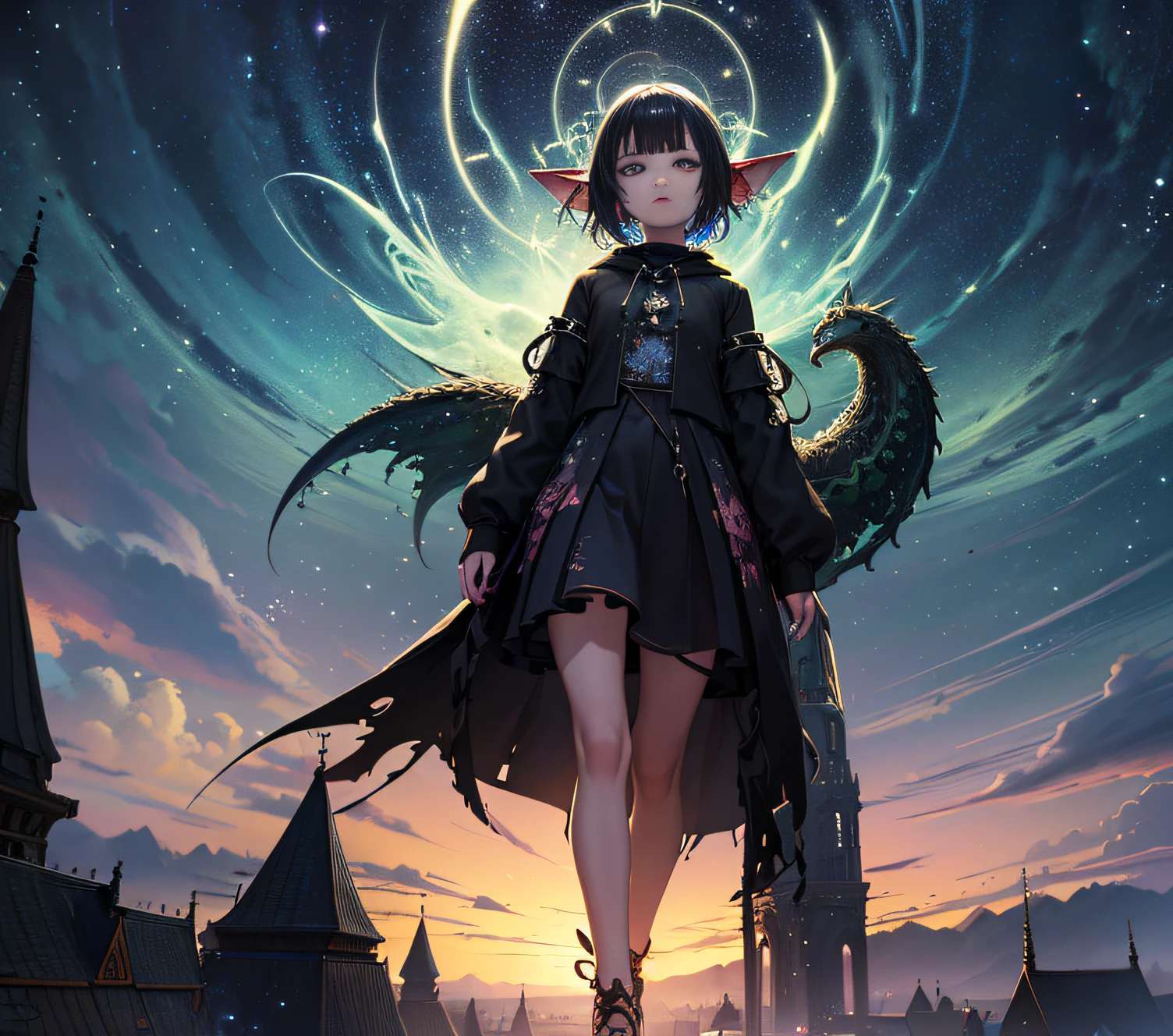 (masterpiece, top quality, best quality, official art, beautiful and aesthetic:1.2), (fractal art:1.3),((fullbody)), (1girl), goblin,hoodie, (half shaved head/black hair), absurdly detailed clothes, on roof,small village, detailed clouds,midnight,moonlight, (colorful:1.2), highest detailed, cinematic light, (magical portal), nature, (green particles), (fireflies), looking at sky