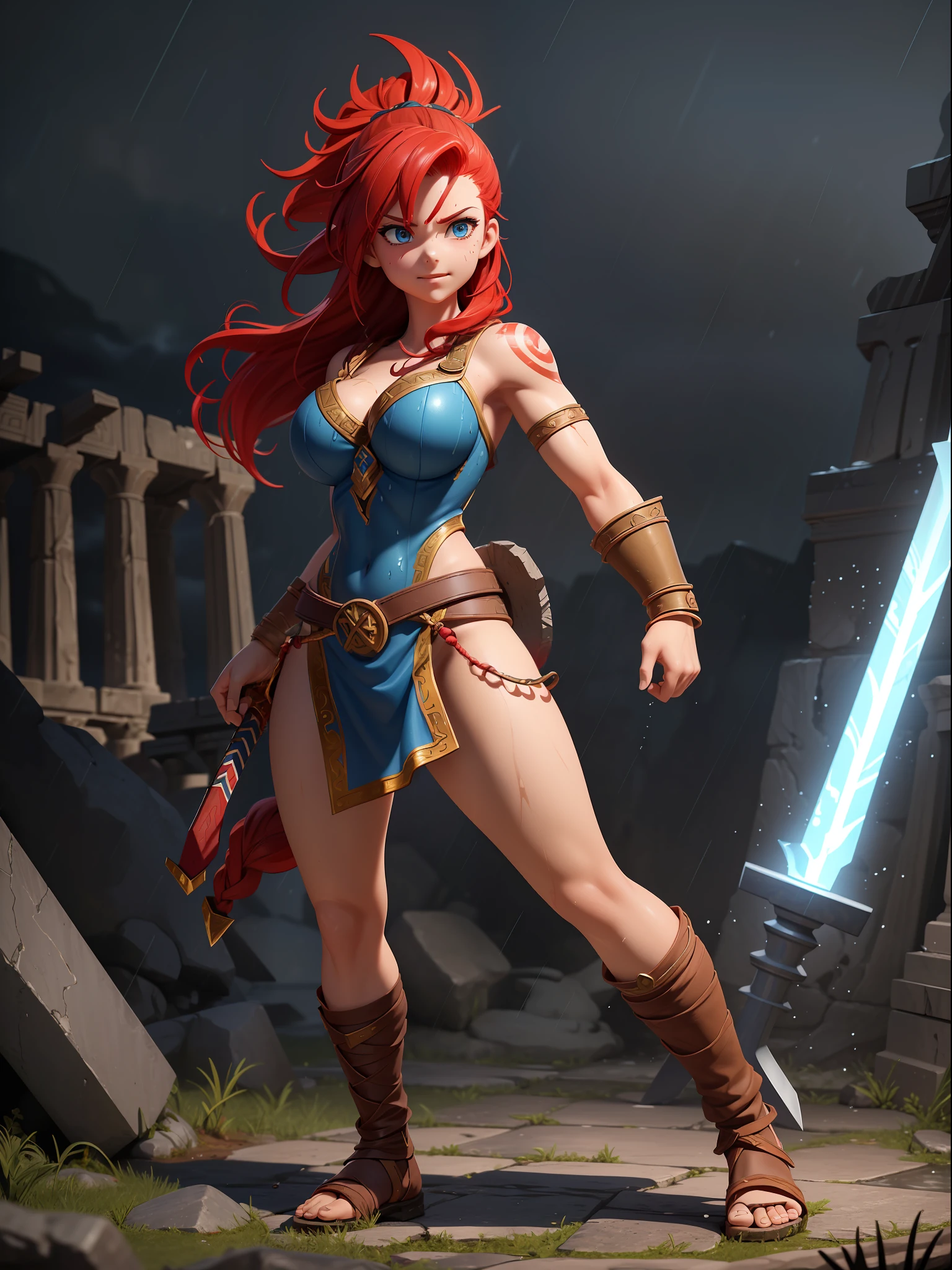 ((Full body photo, standing, down to earth, God of War Ragnarok Style, God of War Ragnarok Universe)), (Gaiana a Spartan warrior, large breasts, black/brown leather and gold details/Spartan warrior costume, tight body suit, extremely exhibitionist, extremely pale whitish skin, tattoos all over her body and face), ((she's in an ancient macabre Greek temple at night raining hard)), she has ((mohawk-style red hair, blue eyes, looking directly at the viewer)), closed fists, water-soaked hair/body/clothing, fighting position, sword at waist, God of War Ragnarok, crazy smile, anime, 16k, award winning, high details, high quality, textured skin, anatomically correct, masterpiece, UHD, ccurate