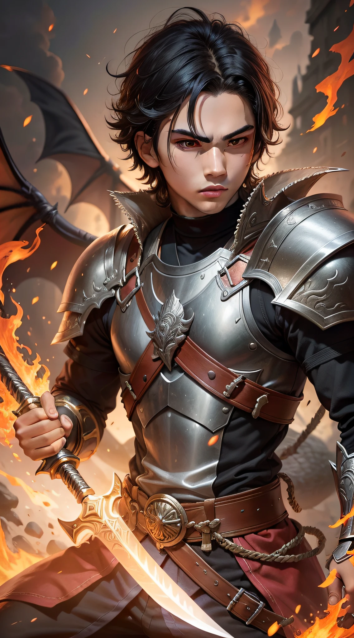 Young Warrior man , black hair. wielding a fiery sword. Dragon eyes