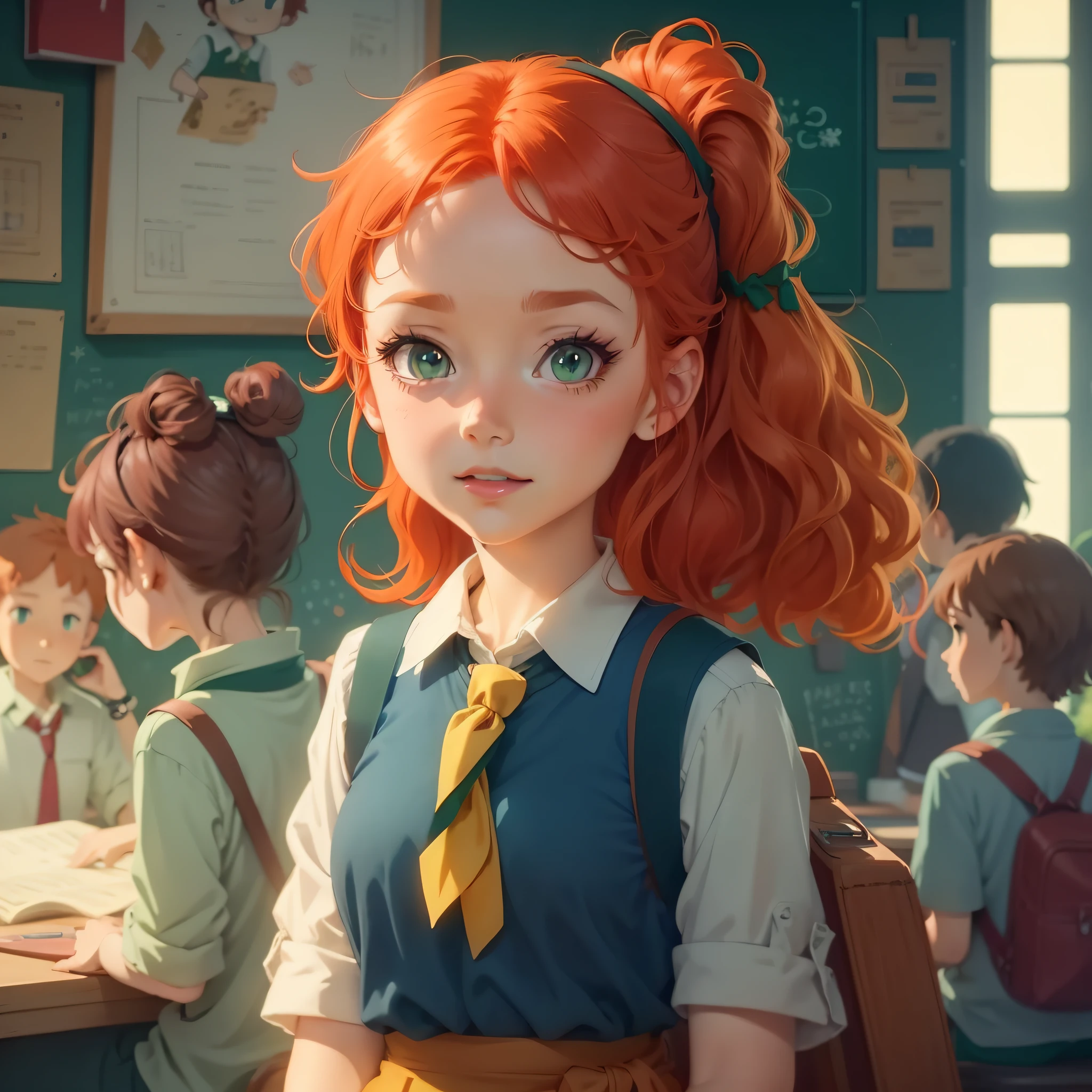 redhead kindergarten teacher, green eyes, logotype, 4k, studio ghibli art style --auto --s2