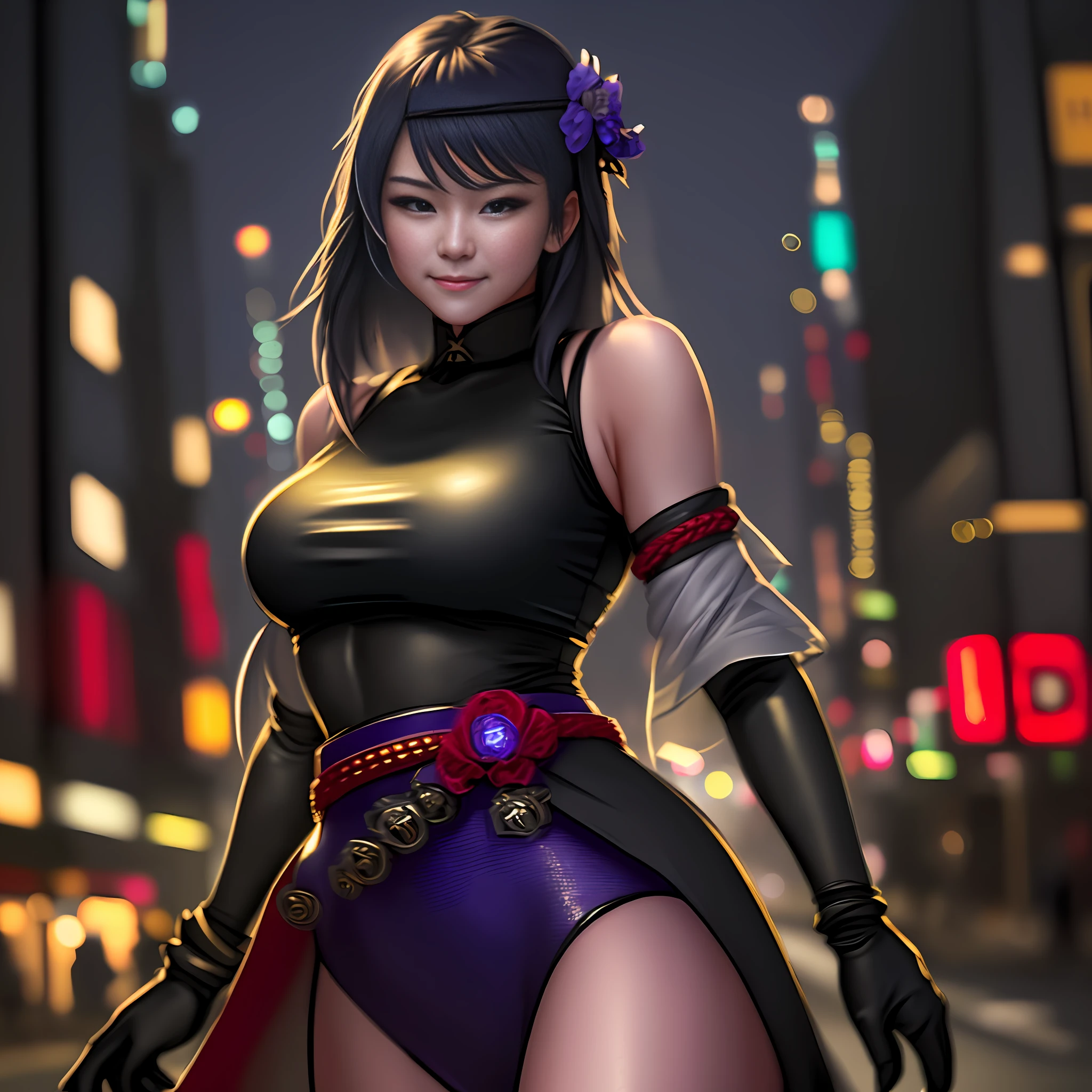 1girl,Tokyo street,night,cityscape,citylights,upperbody,close-up,smile,, (8k, RAW photo, best quality, Masterpiece:1.2),(realistic, photo-realistic:1.37), Raiden Shogun, Raiden, Request A smile, a smooth texture of clothes, a Korean woman, (stockings), fierce,