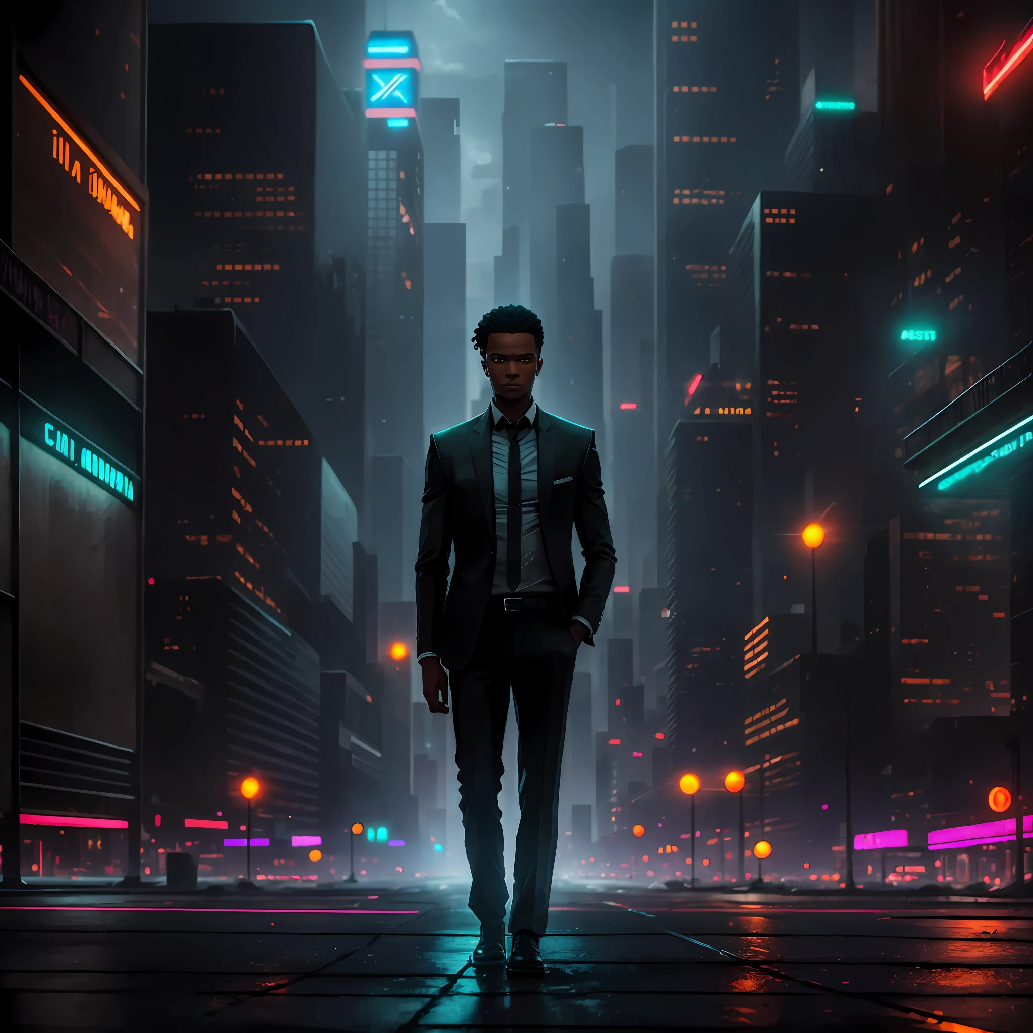 A solitary man named Elijah walking through the dark streets of a large, desolate city, with tall skyscrapers and flashing neon lights in the background. Ultra realistic, art picture --auto --s2