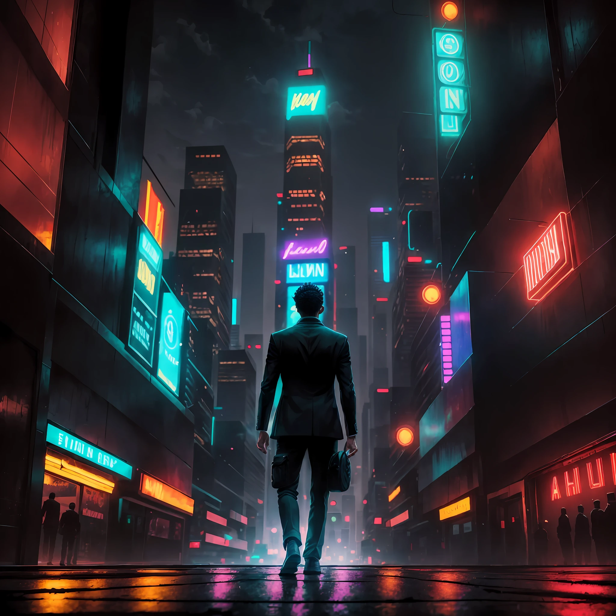 A solitary man named Elijah walking through the dark streets of a large, desolate city, with tall skyscrapers and flashing neon lights in the background. Ultra realistic, art picture --auto --s2