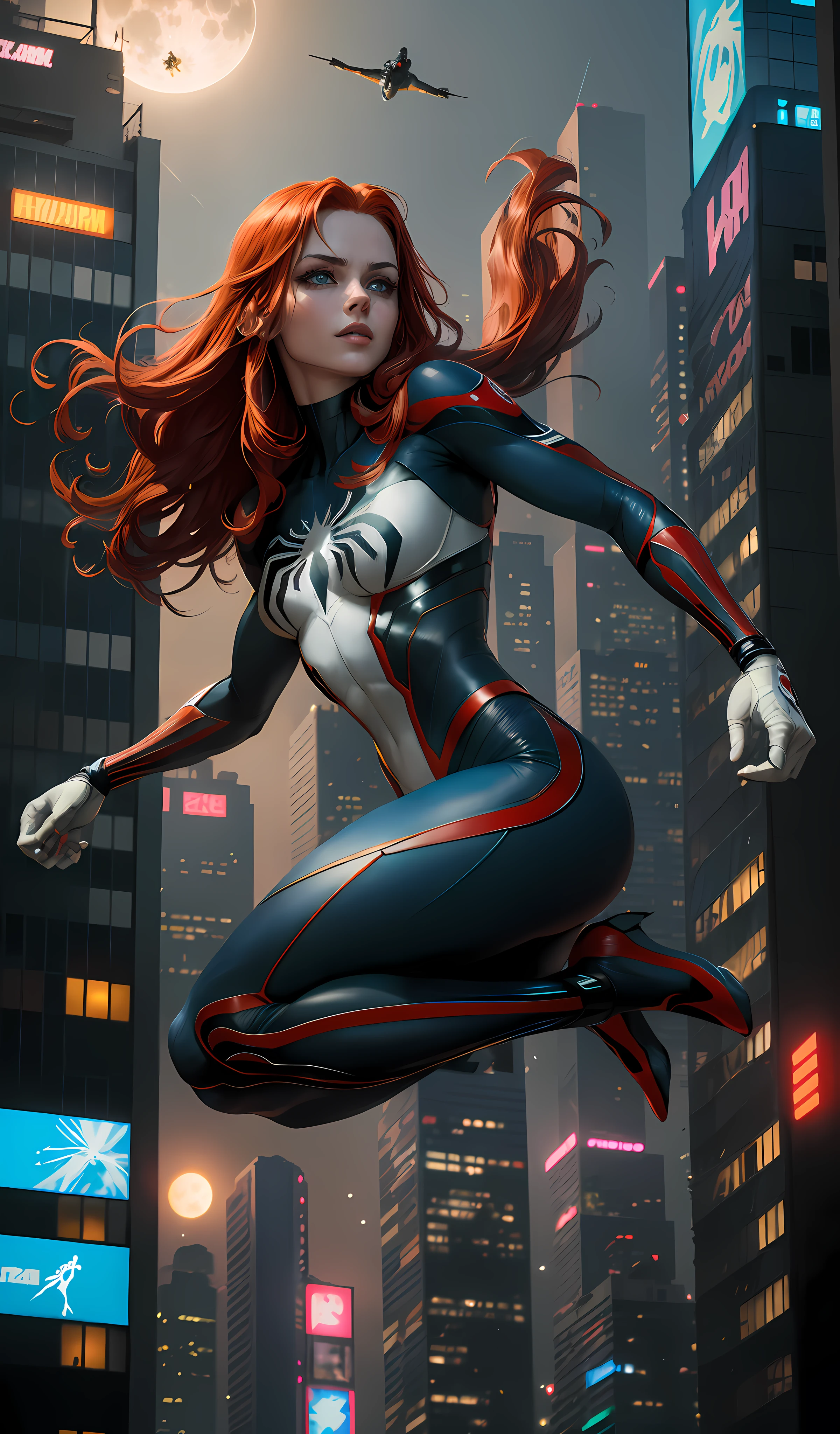 (Masterpiece, 4k resolution, ultra-realistic, very detailed), (White superhero theme, charismatic, there is a girl at the top of the cyberpunk city, neon, neon signs, wearing a Spider-Man costume, she is a superheroine), [ ((beautiful), (long red hair: 1.2), whole body, (blue eyes: 1.2), ((dynamic Spider-Man pose), show of force, jump from one building to another), ((cyberpunk urban environment):0.8)| (cityscape, night, dynamic lights), (full moon)))], (beautifully drawn hands, good anatomy, beautiful hands, delicate hands)