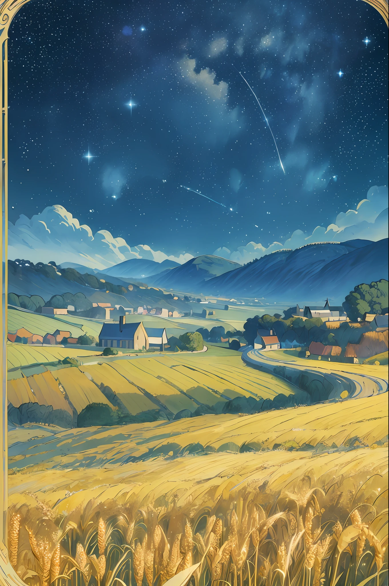 (((masterpiece))),bestquality,illustration,beautifuldetailedglow,
paper_cut, fantasy, simple background , no human, starry sky, vincent van gogh \(style\), trees,village, wheat field,