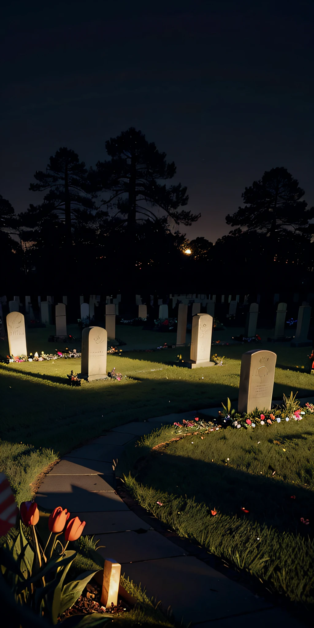 photorealistic, best quality, masterpiece, cemetery at night, dark theme spirit, you can clearly see a flower, empty cemetery, no people