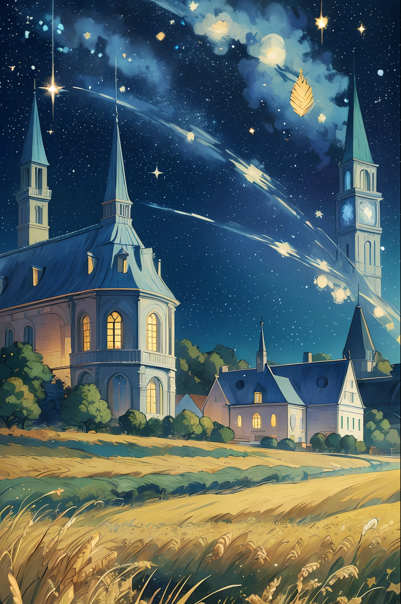 (((masterpiece))),bestquality,illustration,beautifuldetailedglow,
paper_cut, fantasy, simple background , no human, starry sky, vincent van gogh \(style\), trees,village, wheat field,
