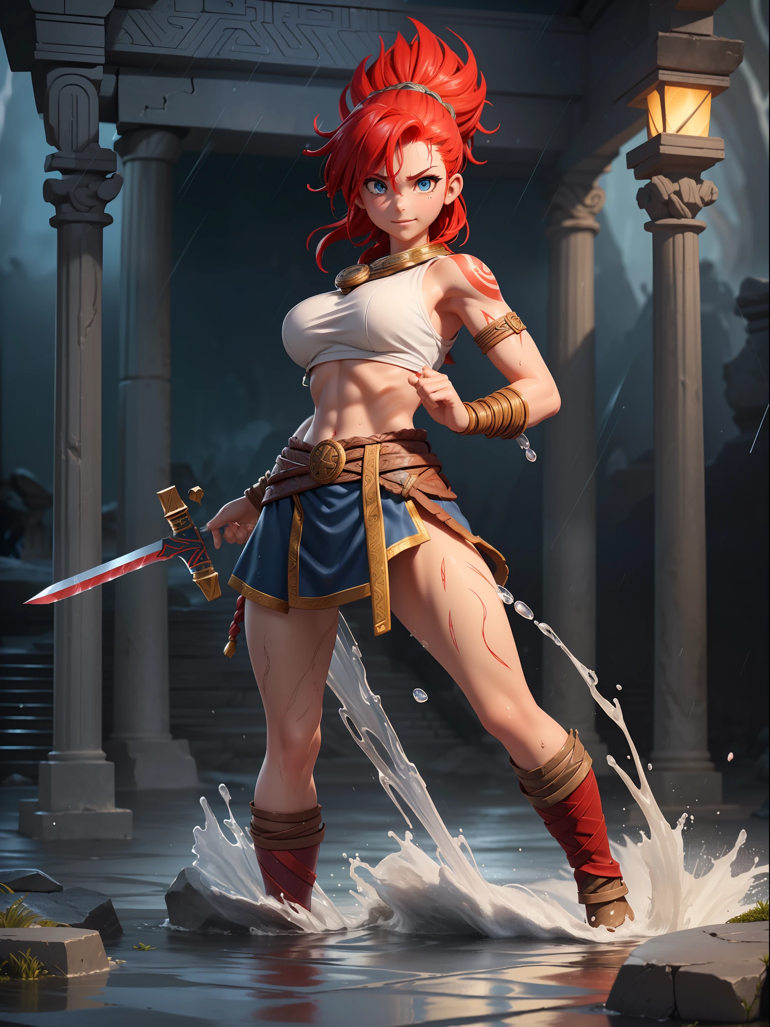 ((Full body photo, standing, down to earth, God of War Ragnarok Style, God of War Ragnarok Universe)), (Gaiana a Spartan warrior, very large breasts, black/brown leather and gold details/Spartan warrior costume, tight costume on the body, extremely exhibitionist, extremely pale whitish skin, tattoos all over her body and face), ((she is in an ancient macabre Greek temple at night raining hard)), she has ((mohawk-style red hair, blue eyes, staring at the viewer from the front, body from the front)), clenched fists, (((water-soaked hair/body/clothing)), fighting position, sword at the waist, God of War Ragnarok, crazy smile, anime, 16k, award winning, high details, high quality, textured skin, anatomically correct, masterpiece, UHD, ccurate
