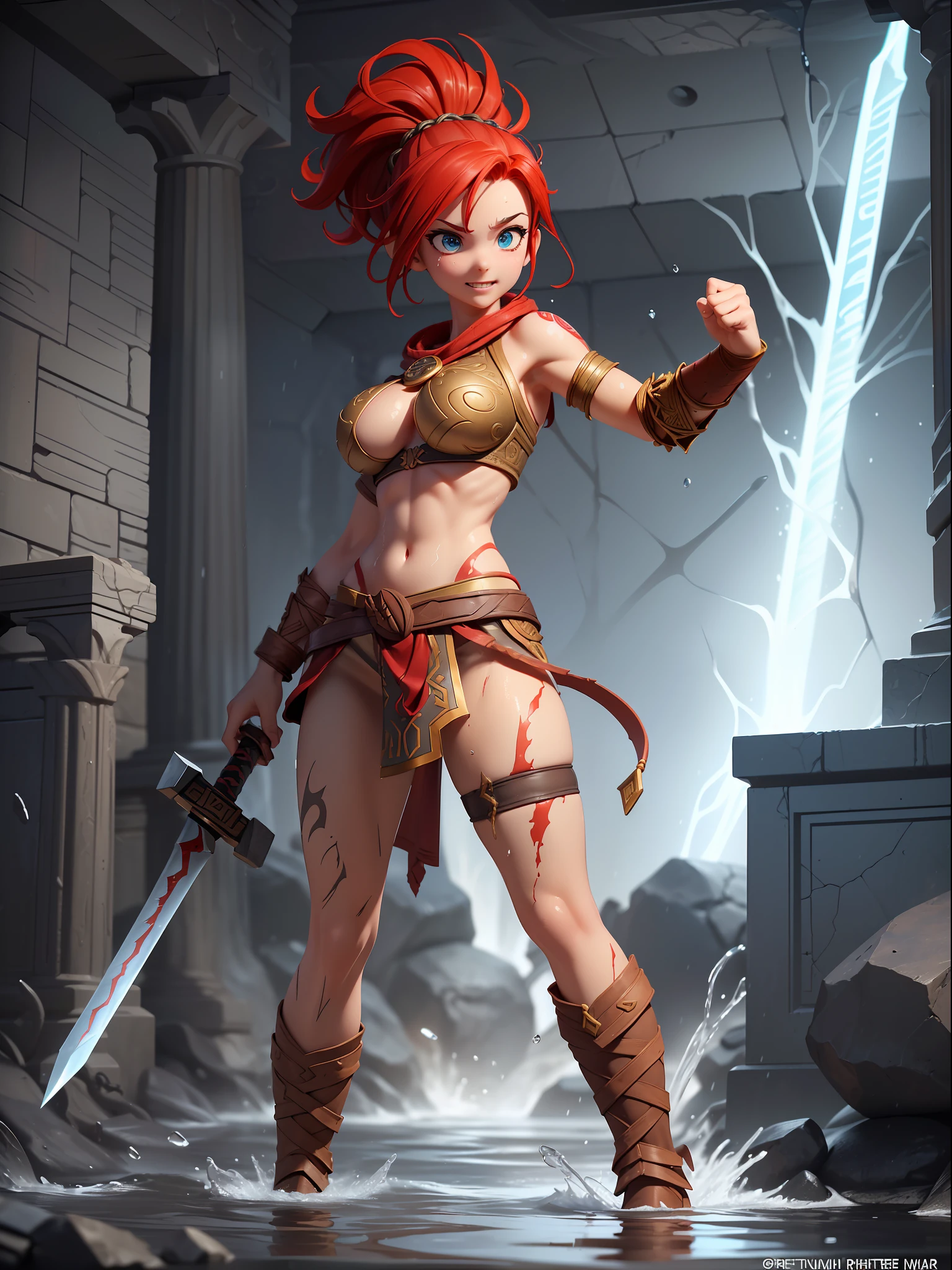 ((Full body photo, standing, down to earth, God of War Ragnarok Style, God of War Ragnarok Universe)), (Gaiana a Spartan warrior, very large breasts, black/brown leather and gold details/Spartan warrior costume, tight costume on the body, extremely exhibitionist, extremely pale whitish skin, tattoos all over her body and face), ((she is in an ancient macabre Greek temple at night raining hard)),  she has ((mohawk-style red hair, blue eyes, staring at the viewer from the front, body from the front)), clenched fists, (((water-soaked hair/body/clothing)), fighting position, sword at the waist, God of War Ragnarok, crazy smile, anime, 16k, award winning, high details, high quality, textured skin, anatomically correct, masterpiece, UHD, ccurate