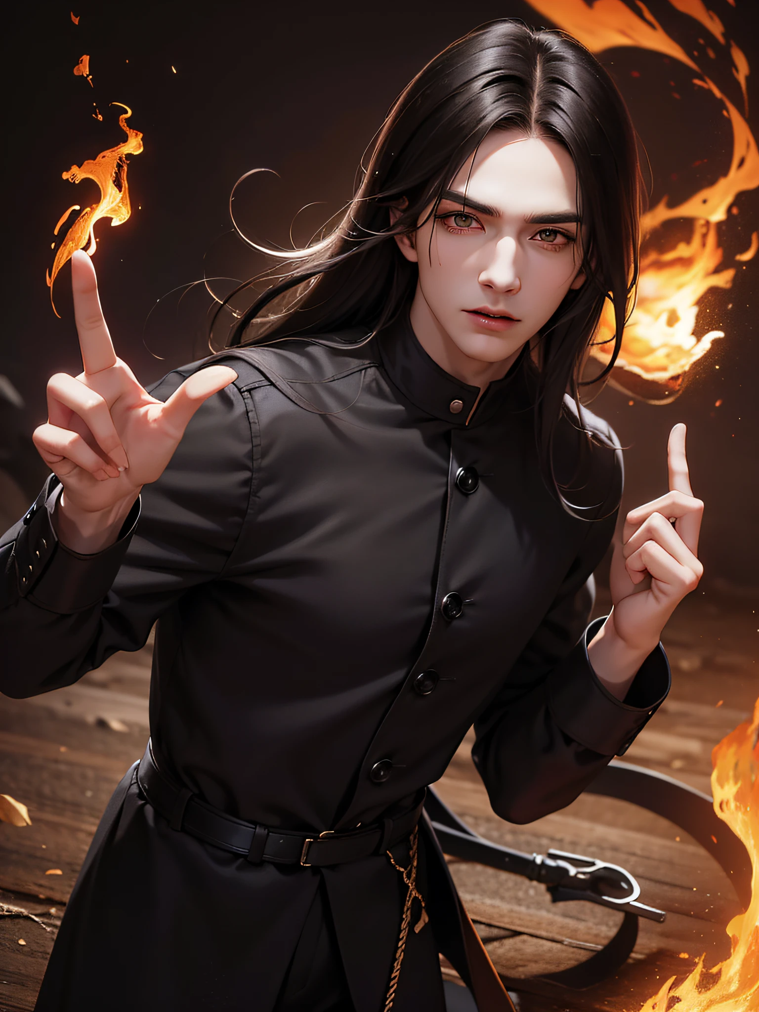 There is one young vampire handsome man with a perfect thin face face, clean-shaven, with yellow eyes, thin eyebrows, straight nose and long straight black hair in black long old clothes, a thin young man of 30 years old throws fire with his hands, an expression of rage on his face, his eyebrows are drawn together, his eyes are burning, the background is a dark burning forest at night, full-length
