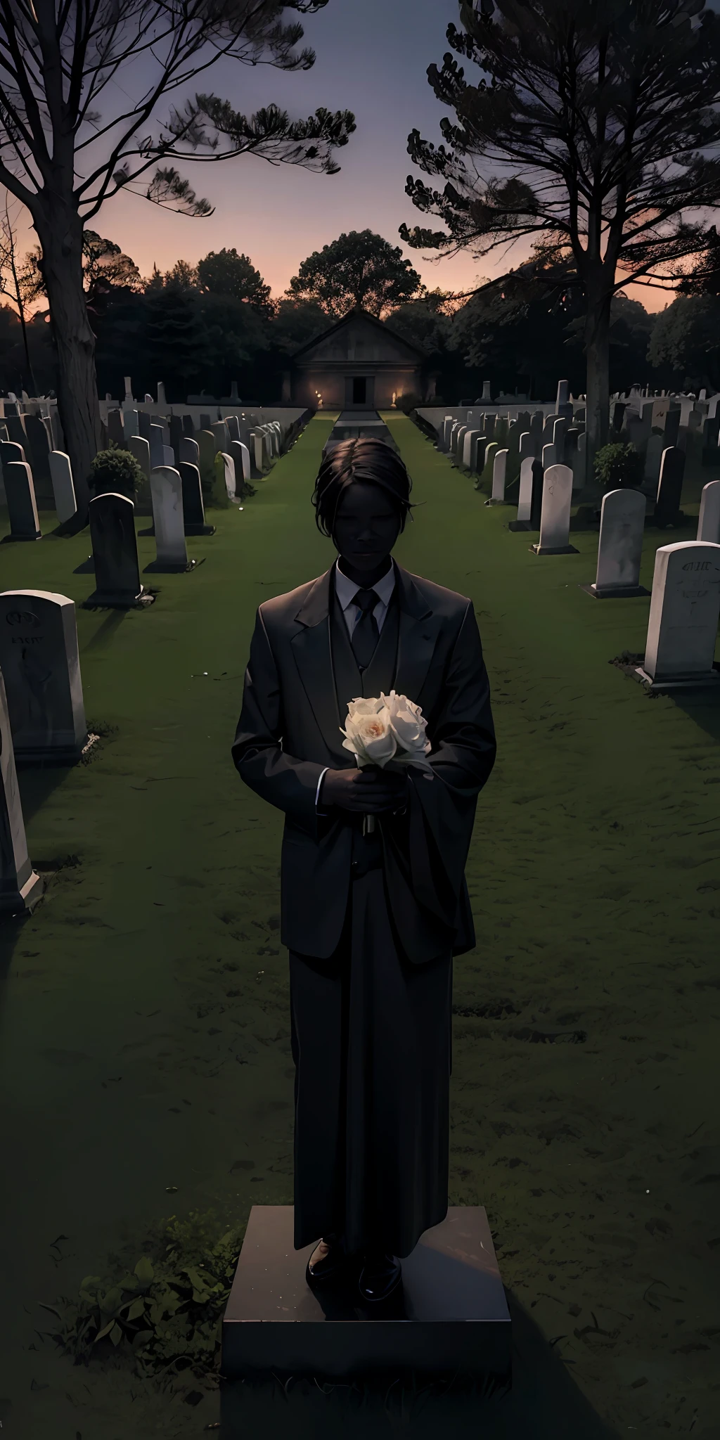photorealistic, best quality, masterpiece, cemetery at night, dark theme spirit, you can clearly see a flower, empty cemetery, no people, no humans