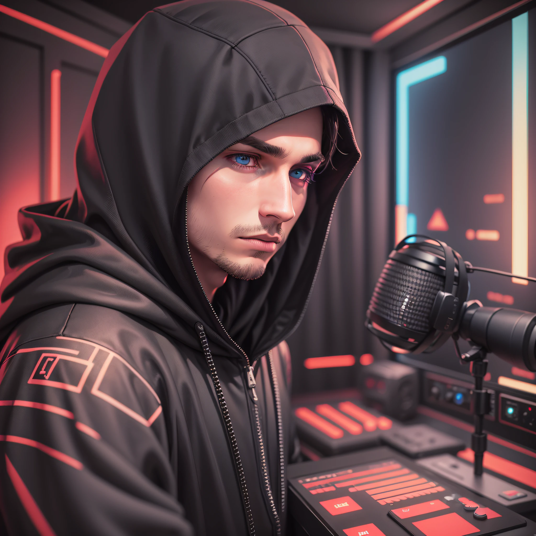 Youtuber, man in black hood, recording video, tired, detailed background, recording studio, red neon lights, recording by cell phone, with a microphone --auto --s2