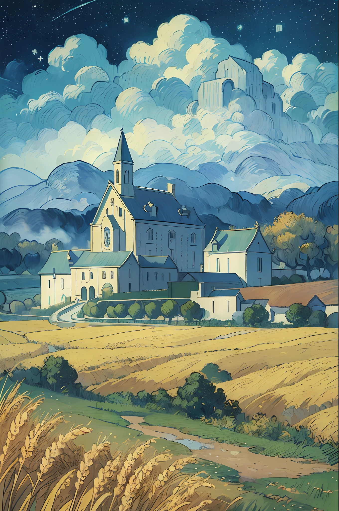 (((masterpiece))),bestquality,illustration,beautifuldetailedglow,
paper_cut, fantasy, simple background , no human, starry sky, vincent van gogh \(style\), trees,village, wheat field,