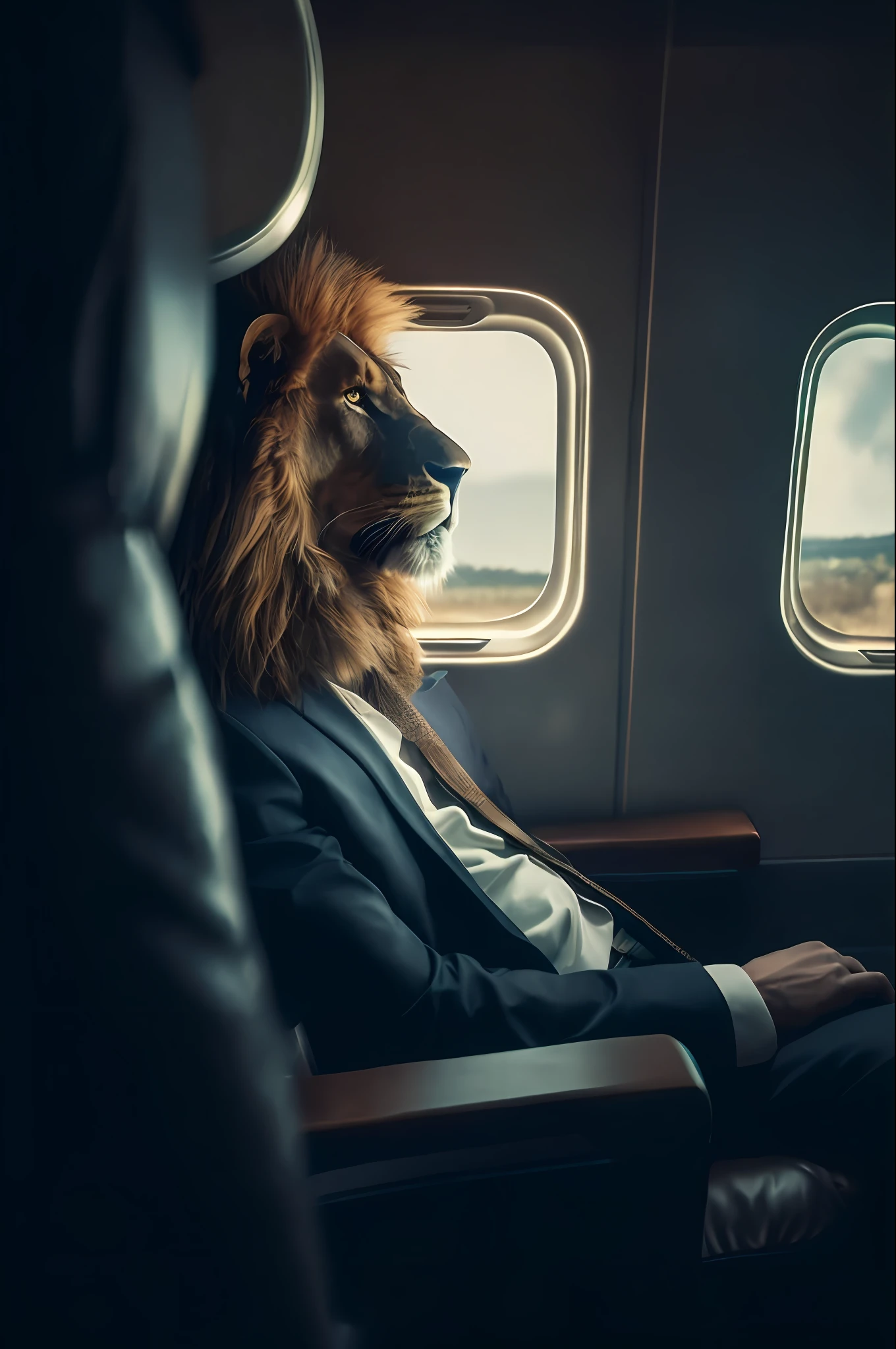 arafed man in a suit sitting in a chair with a lion mask on his head, the man riding is on the lion, in majestic, king of the jungle, very cinematic, with the mane of a lion, looking straight ahead, looking off into the distance, in the air, lion mane, aslan the lion, looking straight, looking outside