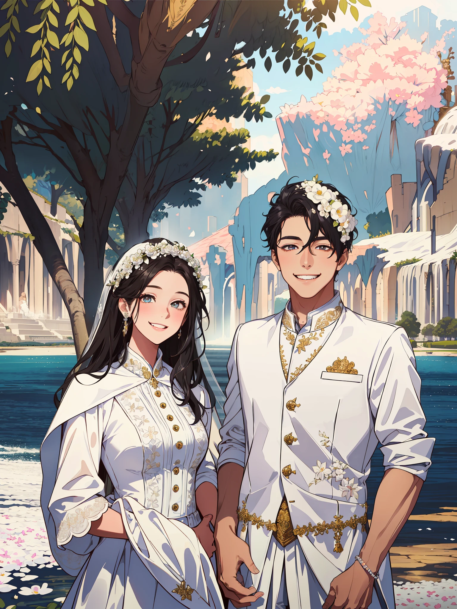 (masterpiece, best quality, highres, Sweet couple, beautiful girl, young boy, smile, bride and groom,wedding, couple photo, detailed eyes, detailed face, black hair, stylish hair, white wedding outfit, white romantic background, flower crown, highly detailed