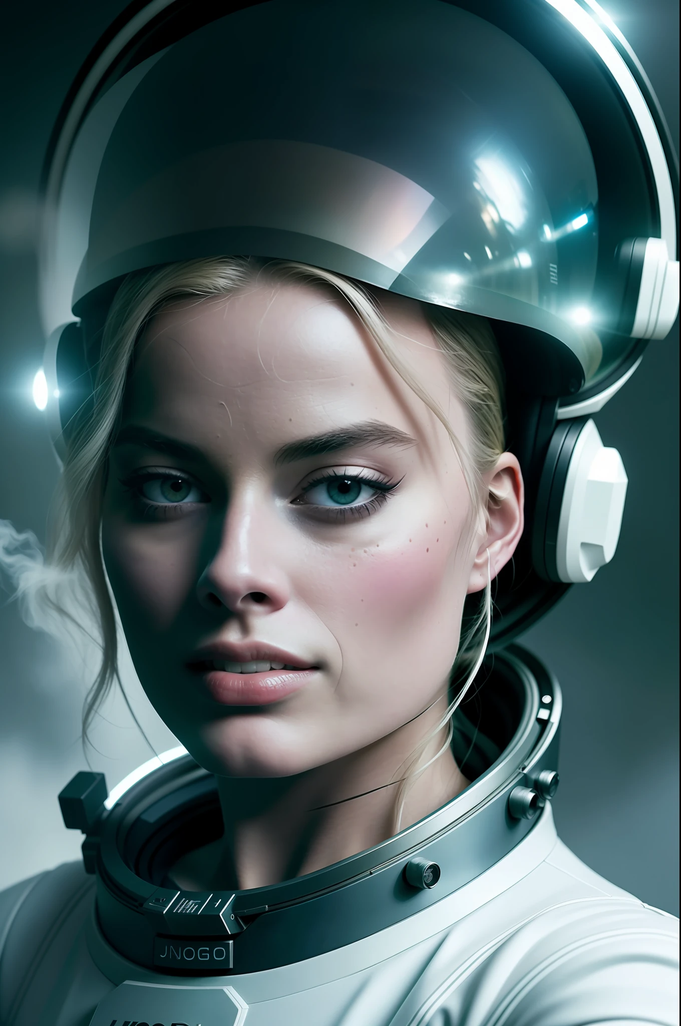 Margot robbie in sexy astronaut suit j0rd7nj0n3s in space, beautiful face, photorealistic, (portrait), [smoke], [mist], natural lighting, shallow depth of field, photographed on a Canon EOS-1D X Mark III, 50mm lens, F/2.8, (intricately detailed, hyperdetailed), ((RAW color)), sharp focus, HDR, 4K resolution, cinematic film