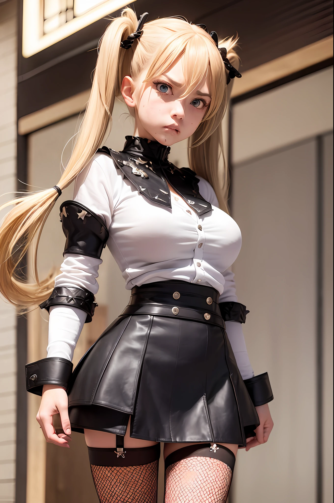 masterpiece, best quality, super detailed, beautiful detailed face, intricate details, flat color, depth of field, outline, overall view, camera far away, girl, standing far away, teenager, anime, standing, full-length, visible full-length, wide stance, (legs wide apart: 1.4), (combat stance: 1.9), (goes on the attack: 1.7), (looks at the viewer: 1.1), looks at the camera, (village: 1), nature, (blonde: 1.6), (twintails:1.5), red pleated miniskirt, red skirt, white shirt, white shirt, unbuttoned top buttons, unbuttoned shirt, white blouse, (without bra:1.1), plunging neckline, black tights, detailed leather texture, detailed fabric texture, huge breasts, (blue eyes:1,1), (ruddy:1), (dissatisfied:1.4), (angry:1.3), (furious:1.8), (frowned:1.2)