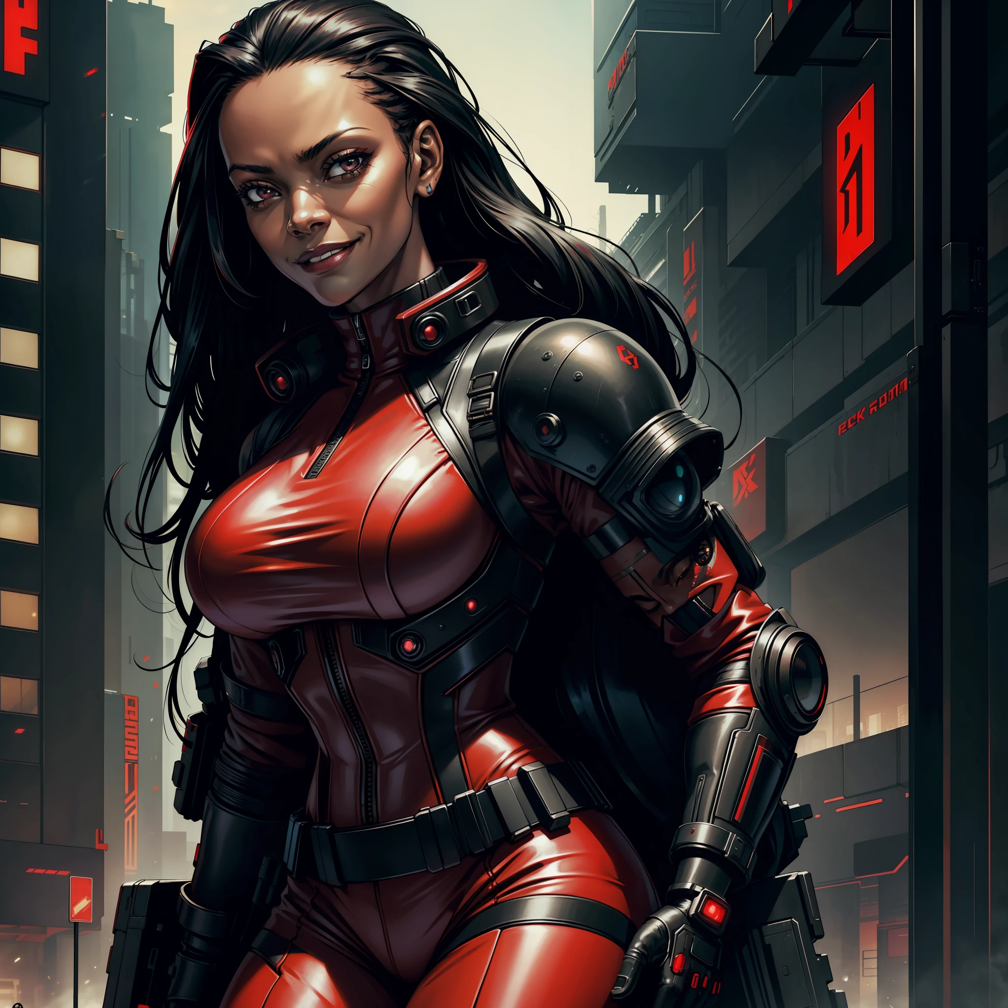 "(cyberpunk red metallic military tactical uniform:1) (1blackwoman) dark theme :: focus on closeup face, smiling face, face Zoe Saldana, ultra realistic futuristic cyberpunk athletic black woman, :: long black hair :: cyberpunk lab :: cool red cyberpunk military vest, black eyes :: natural lighting :: bokeh :: 8k :: best quality :: masterpiece :: insanely detailed:1.5"