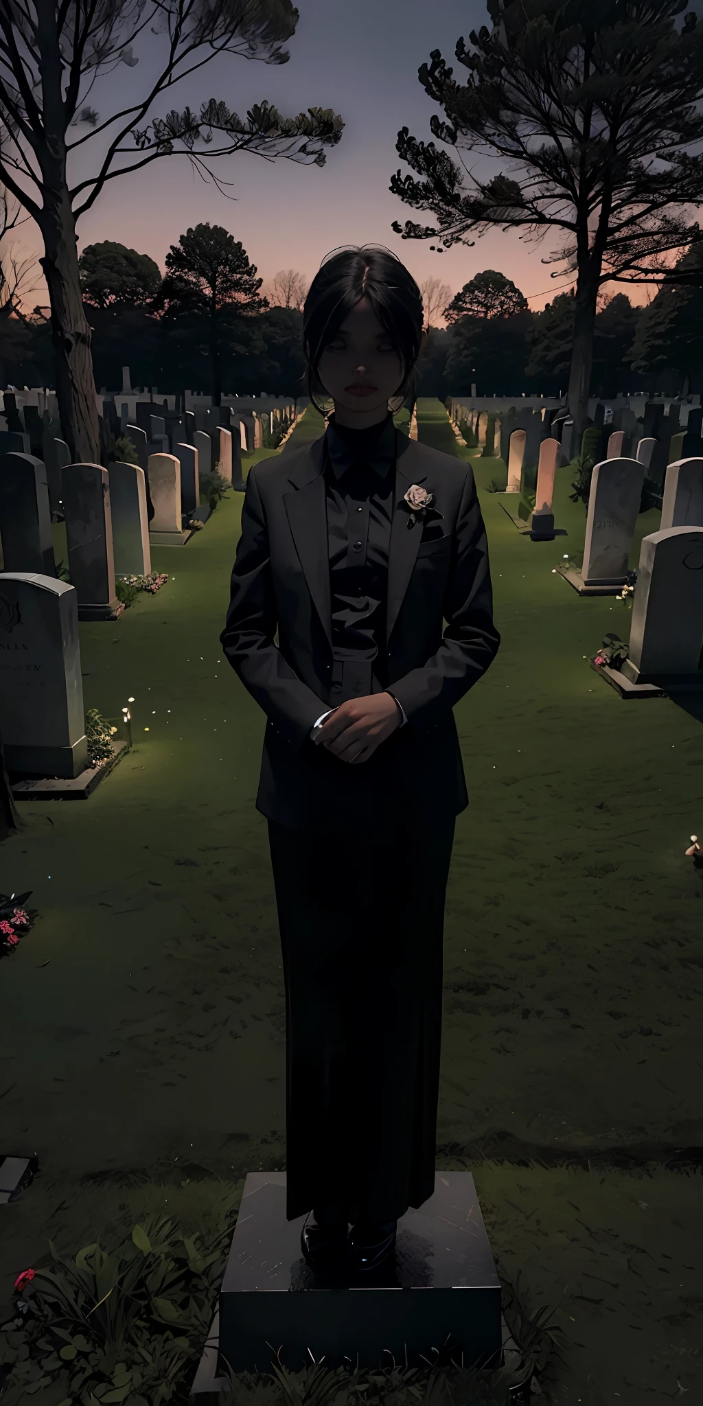 photorealistic, best quality, masterpiece, cemetery at night, dark theme spirit, you can clearly see a flower, empty cemetery, no people, no humans