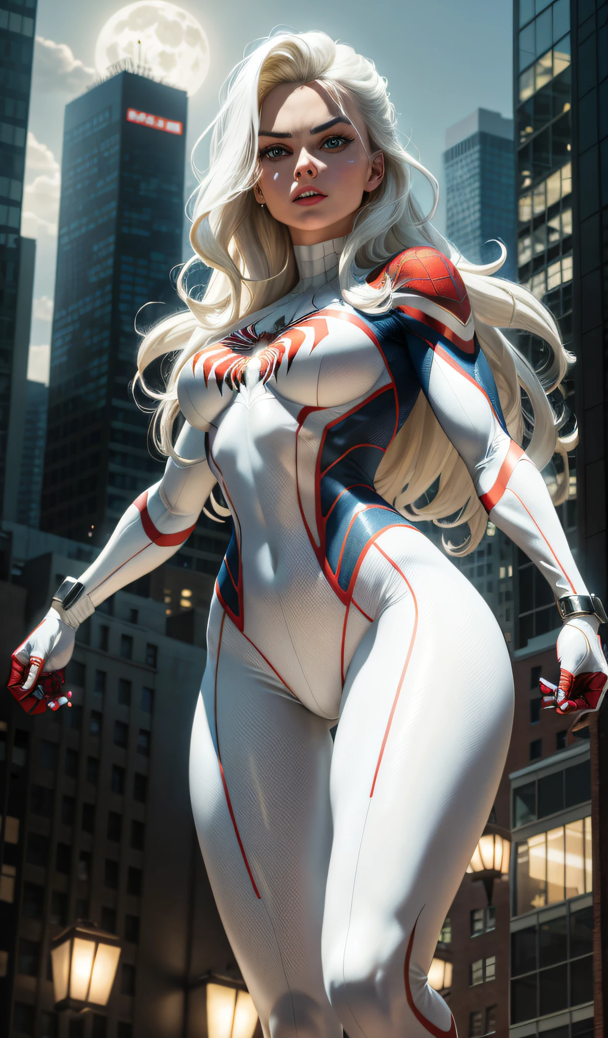 Margot Robbie (Masterpiece, 4k resolution, ultra-realistic, very detailed), (White superhero theme, charismatic, there's a girl at the top of town, wearing Spider-Man costume, she's a superhero), [ (25 years), (long white hair:1.2), full body, (blue eyes:1.2), ((Spider-Man pose),show of strength, jumping from one building to another), ((sandy urban environment):0.8)| (cityscape, at night, dynamic lights), (full moon))] # Explanation: The Prompt mainly describes a 4K painting of ultra-high definition, very realistic, very detailed. It shows a superheroine at the top of the city, wearing a Spider-Man costume. The theme in the painting is a white superhero theme, the female protagonist has long white hair, is 25 years old and her entire body is shown in the painting. In terms of portraying the actions of superheroines, spiders are employed