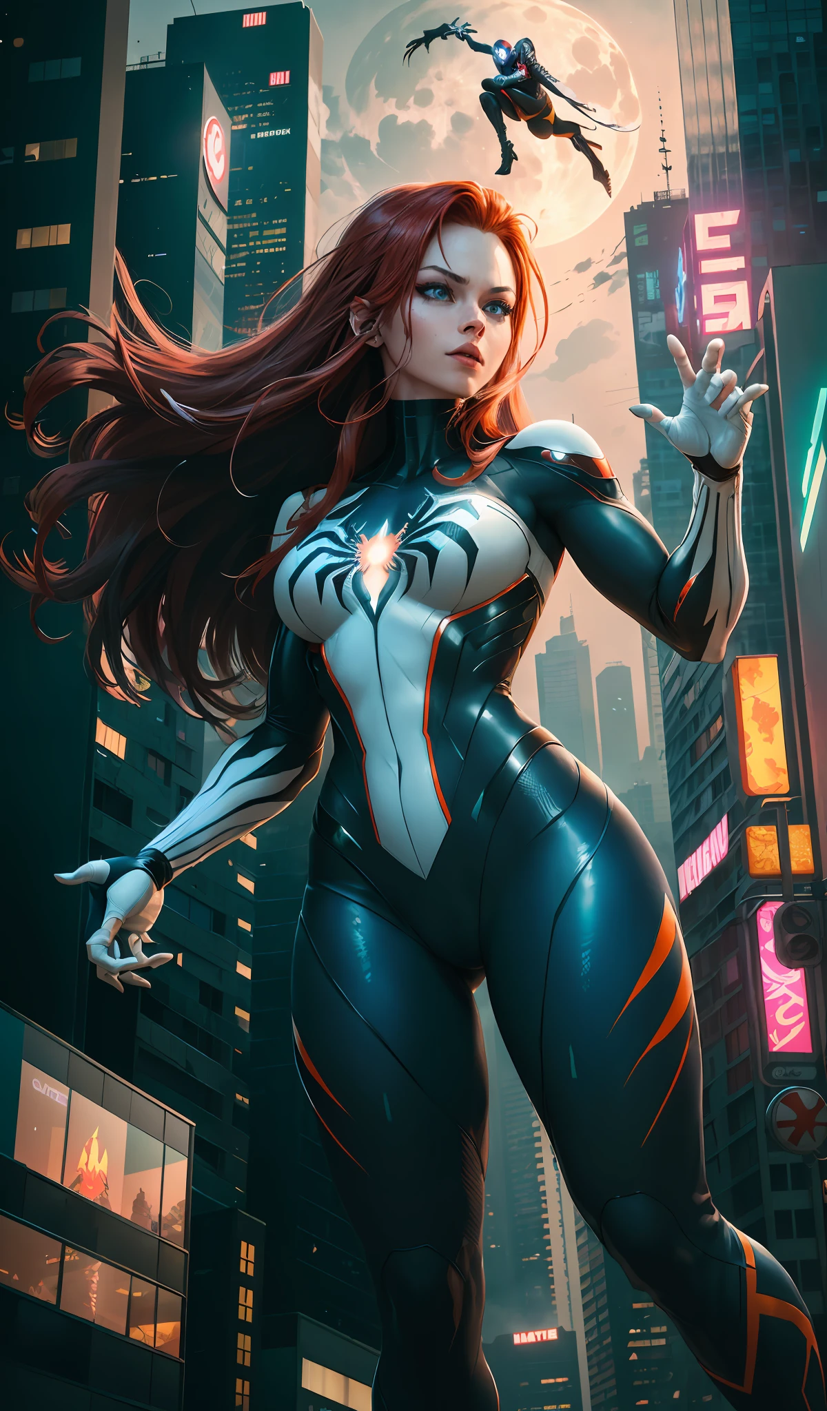 (Masterpiece, 4k resolution, ultra-realistic, very detailed), (White superhero theme, charismatic, there is a girl at the top of the cyberpunk city, neon, neon signs, wearing a venom costume, she is a superheroine), [ ((gorgeous), (long red hair: 1.2), whole body, (blue eyes: 1.2), ((dynamic Spider-Man pose), show of force, jump from one building to another), ((cyberpunk urban environment):0.8)| (cityscape, night, dynamic lights), (full moon))], (beautiful hands, beautiful fingers, well drawn hands, delicate hand)