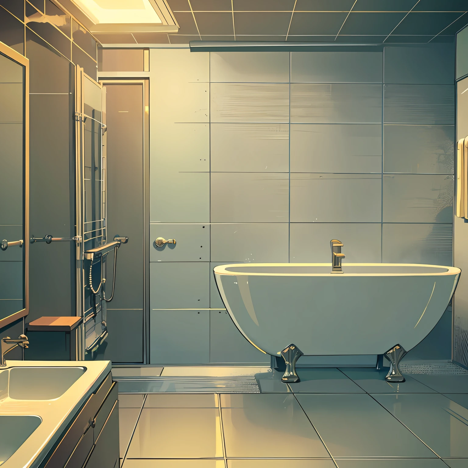 Background, Bathroom, none people, steam, vapor, anime style, restroom, studio apartment, warm light, Modern Style --auto --s2