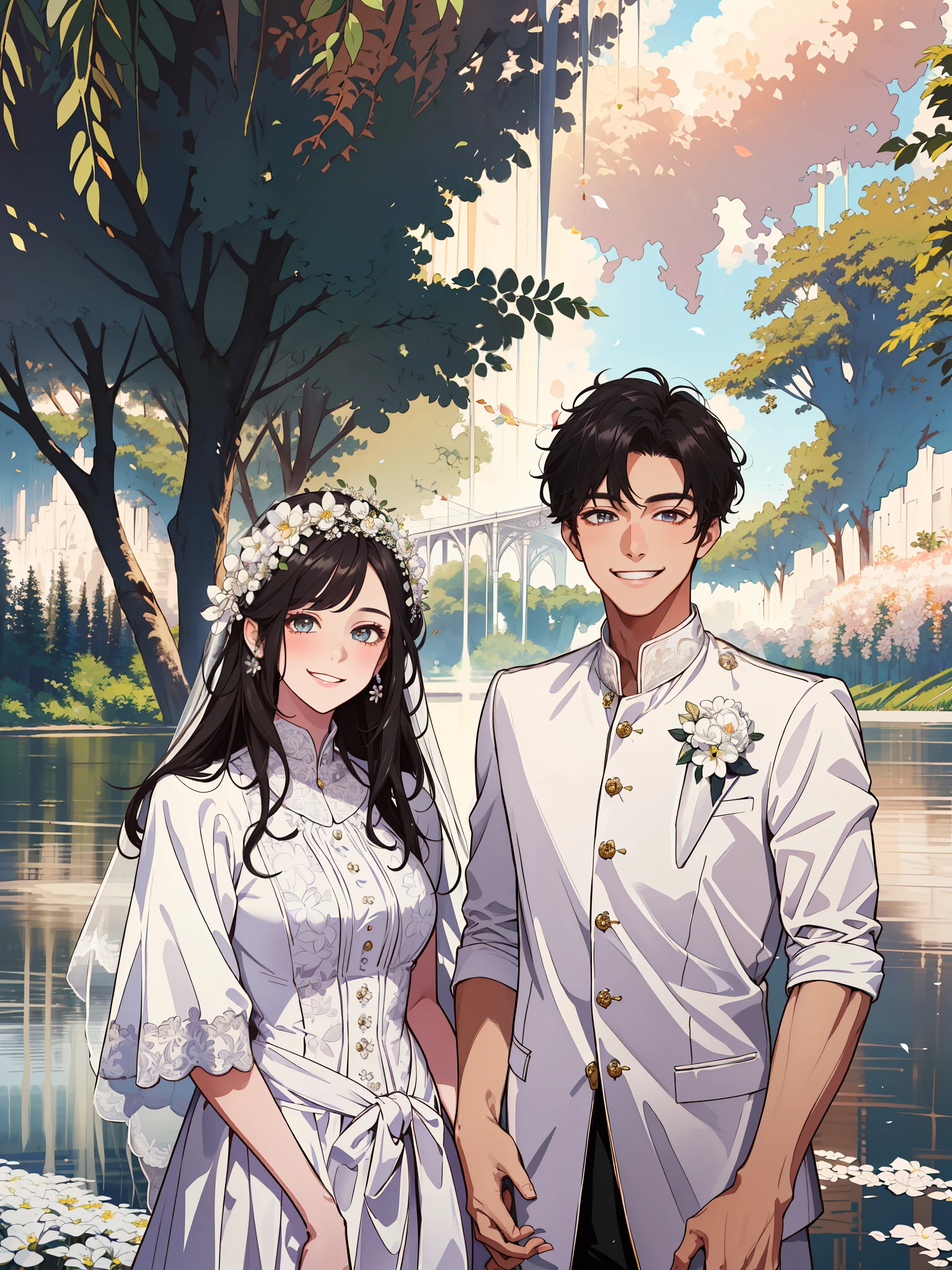 (masterpiece, best quality, highres, Sweet couple, beautiful girl, young boy, smile, bride and groom,wedding, couple photo, detailed eyes, detailed face, black hair, stylish hair, white wedding outfit, white romantic background, flower crown, highly detailed