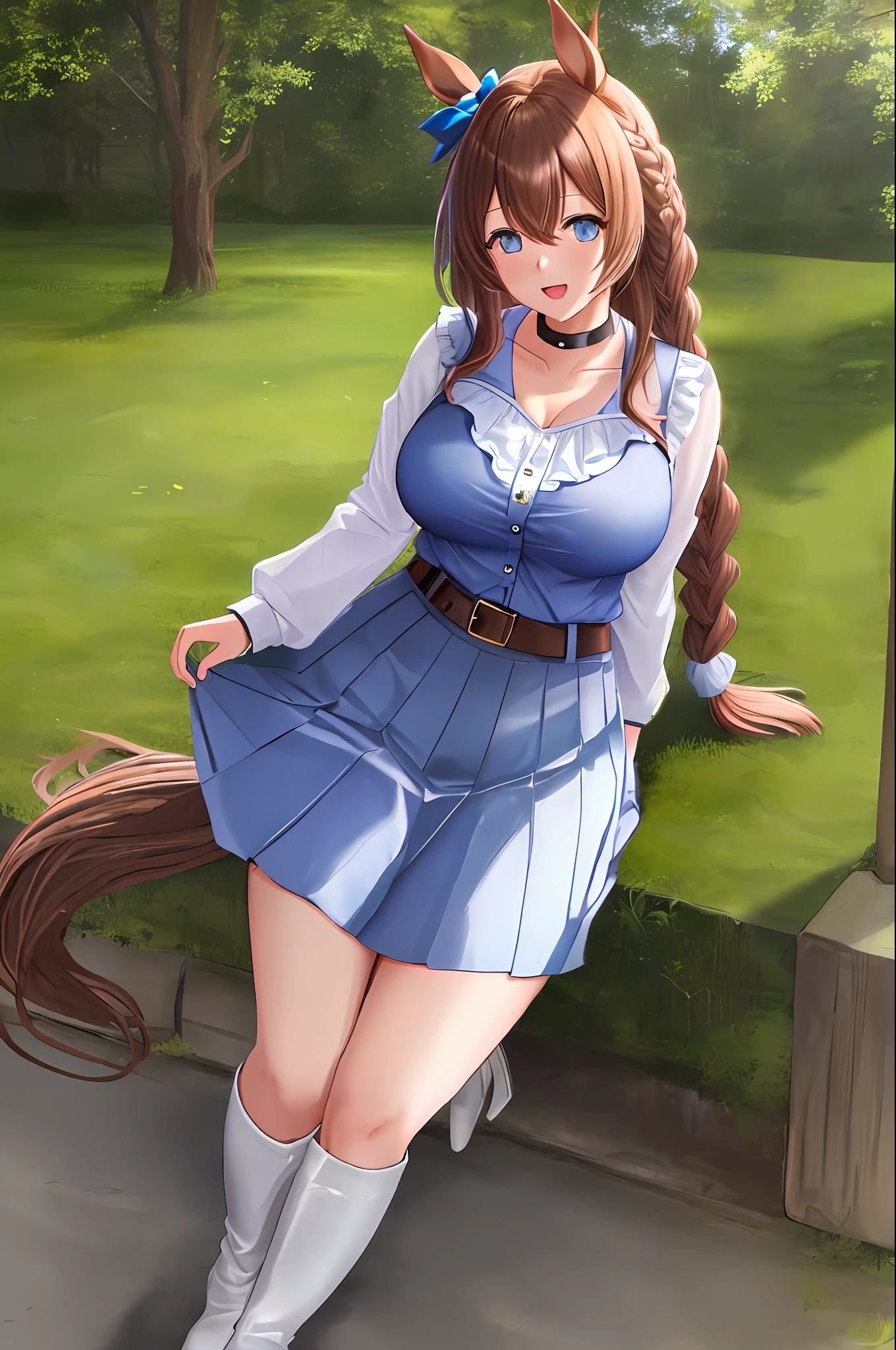 super creek \(umamusume\),1girl, blue eyes, large drooping eyes, huge breasts, brown long hair, single braid, braided bangs, full body, looking at viewer, open mouth, smile, solo, white sleeveless sweater ,light blue sleeveless coat, white pleated skirt, dark blue thigh boots, blue choker, blue wrist scrunchie,  (horse ears, horse girl,:1.2) (horse tail,:1.3),masterpiece, best quality, highres, 8k,