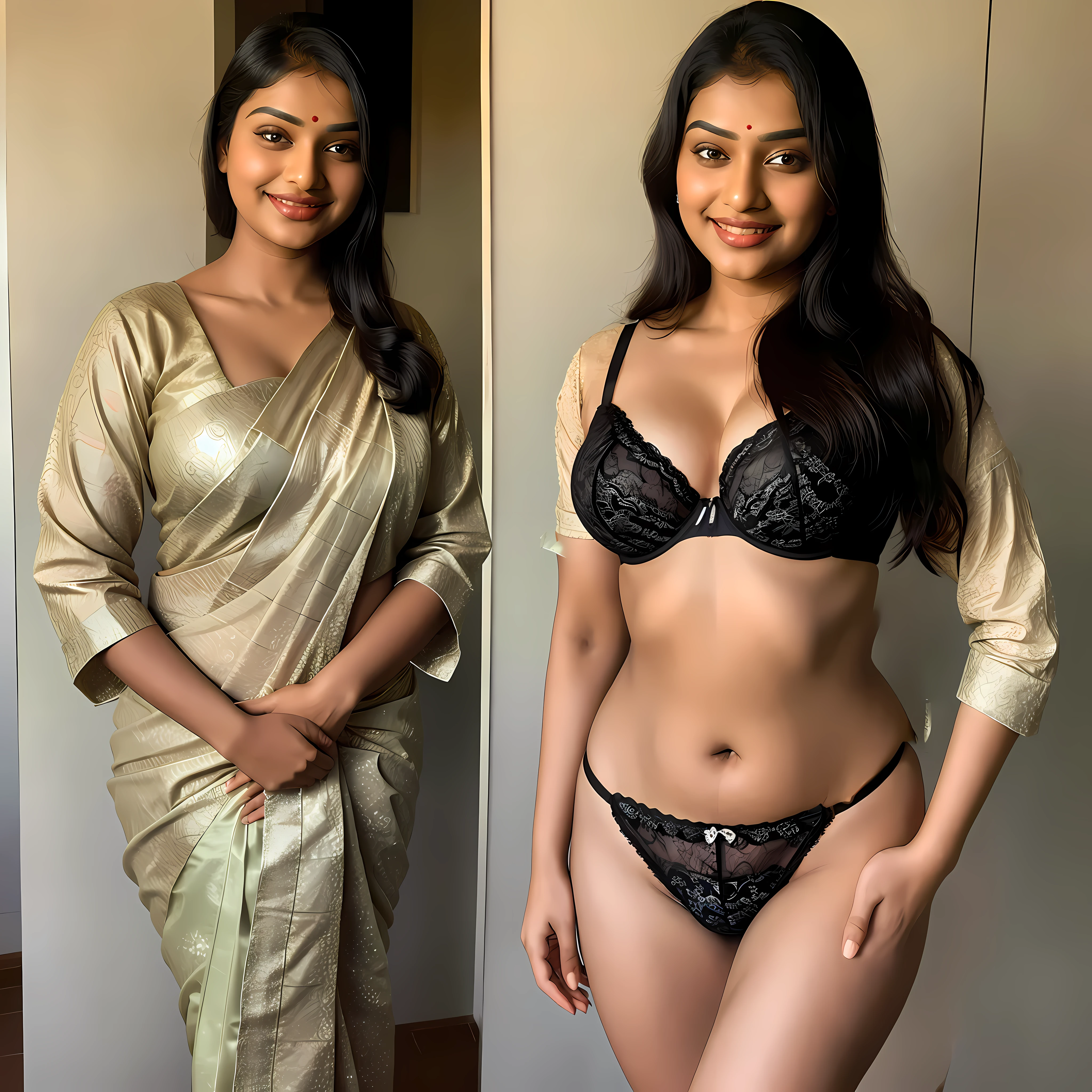 Indian plumpy woman, black bra and panty