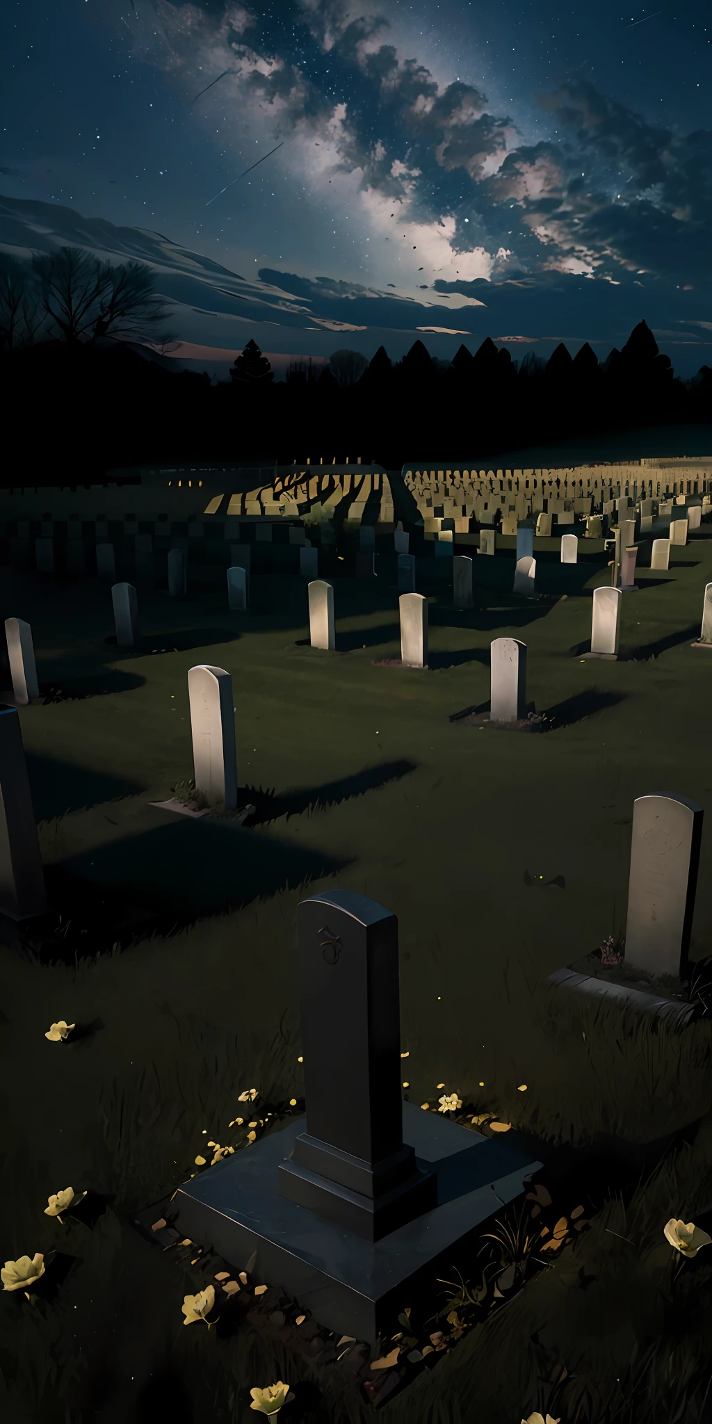 photorealistic, best quality, masterpiece, cemetery at night, dark theme spirit, you can clearly see a flower, empty cemetery, no people, no humans