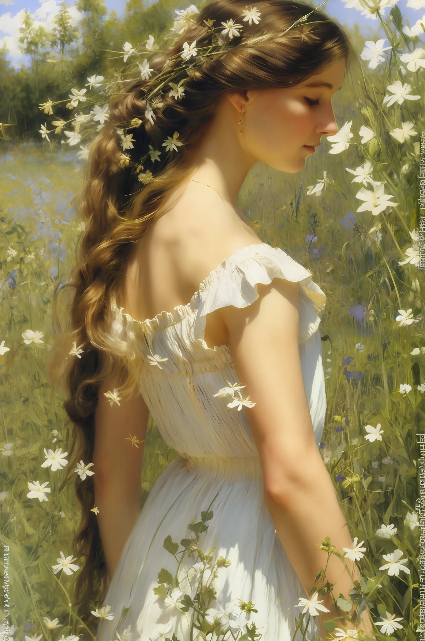 woman with long hair in a white dress in a field of flowers, peder severin kroyer, tom anders zorn, by Philip de László, frederick judd waugh, gaston bussiere. blond braid, herbert james draper, john sargent, tuomas korpi bouguereau, inspired by Enrique Simonet