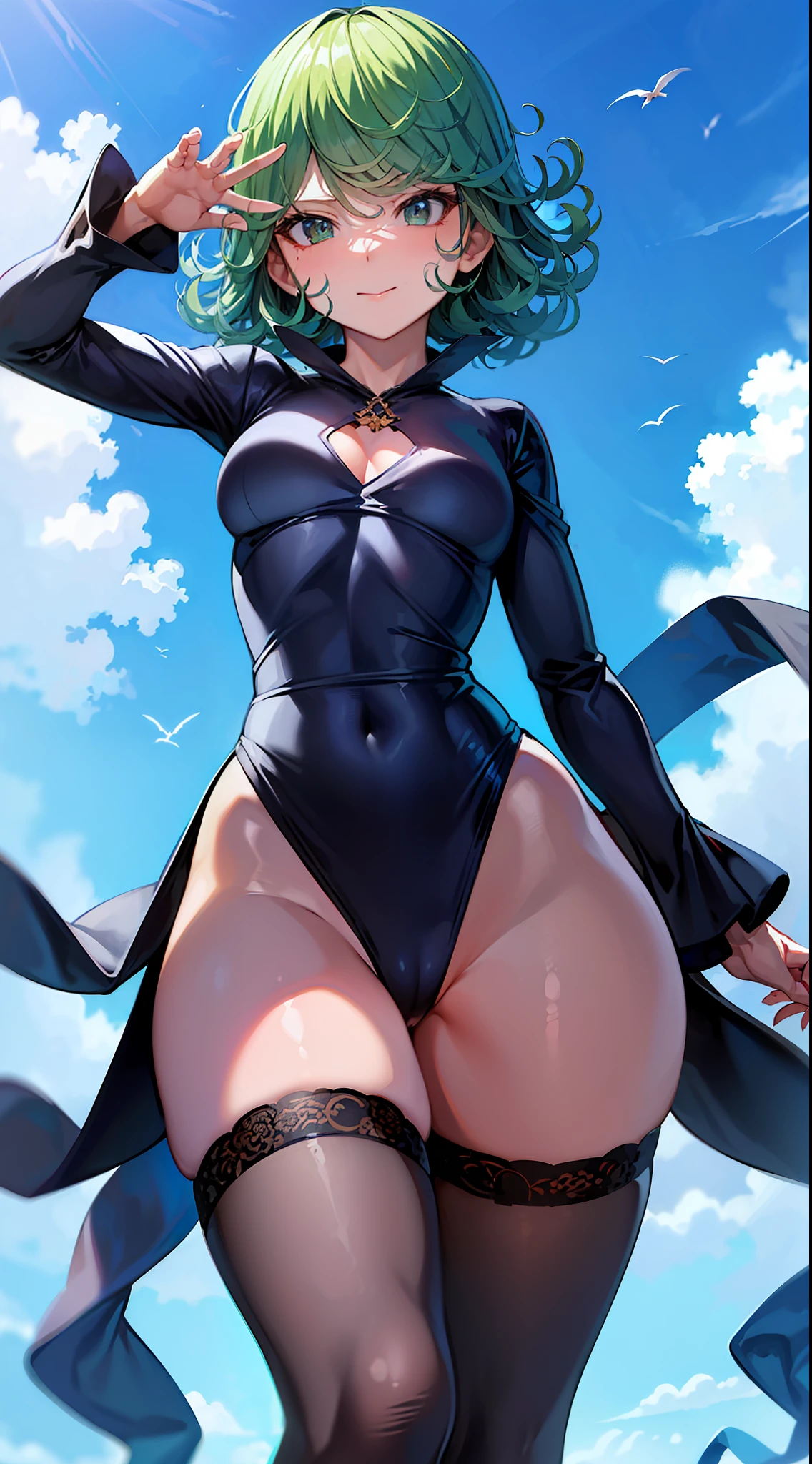 (masterpiece, best quality:1.2), cowboy shot, solo, 1girl, tatsumaki, lustful, closed mouth, looking at the viewer, ass, wide hips, black dress, blue sky, clouds, erotica, lots of erotica