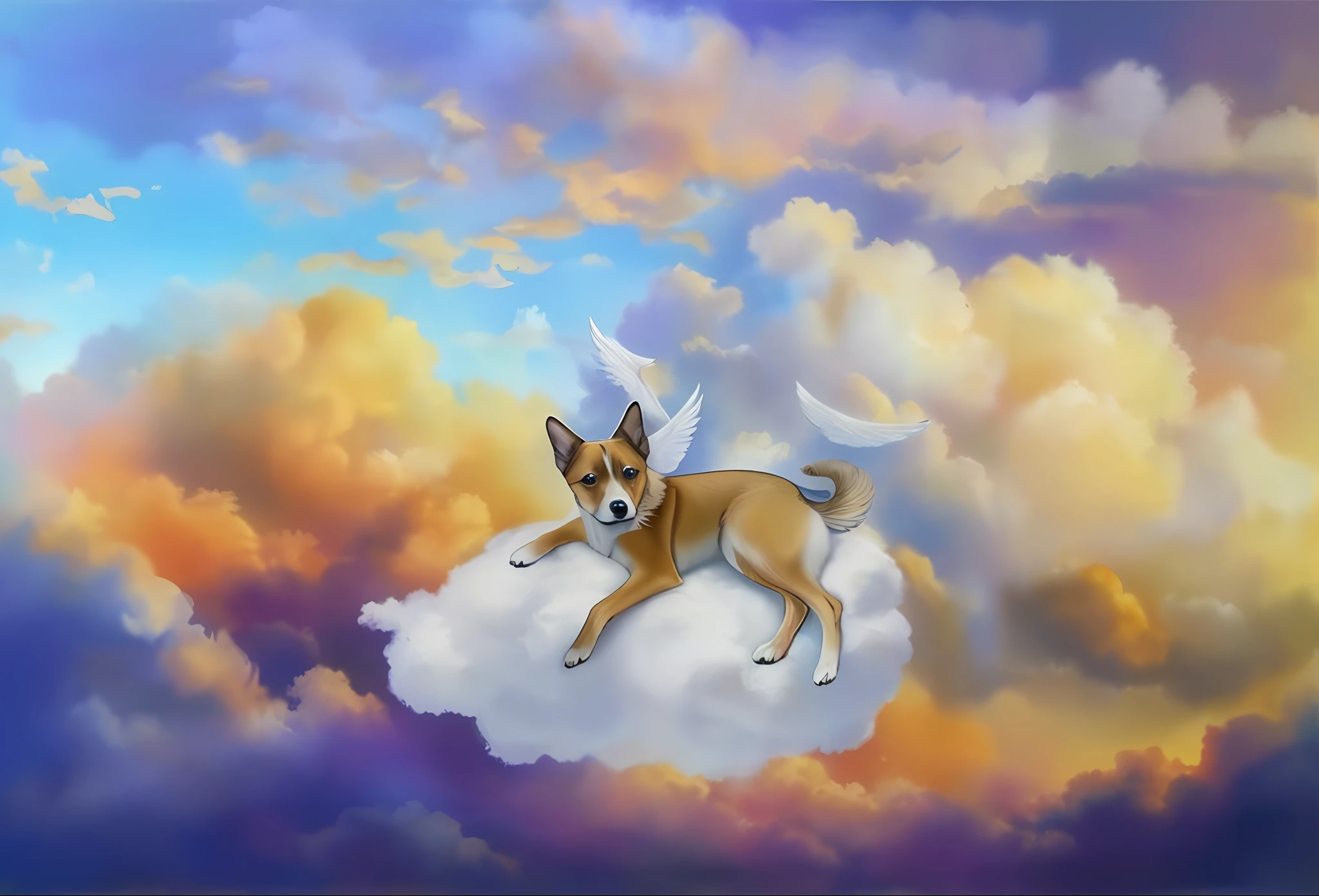 dog like an angel, with angel wings, lying on a cloud, realistic, colorful clouds, bright clouds