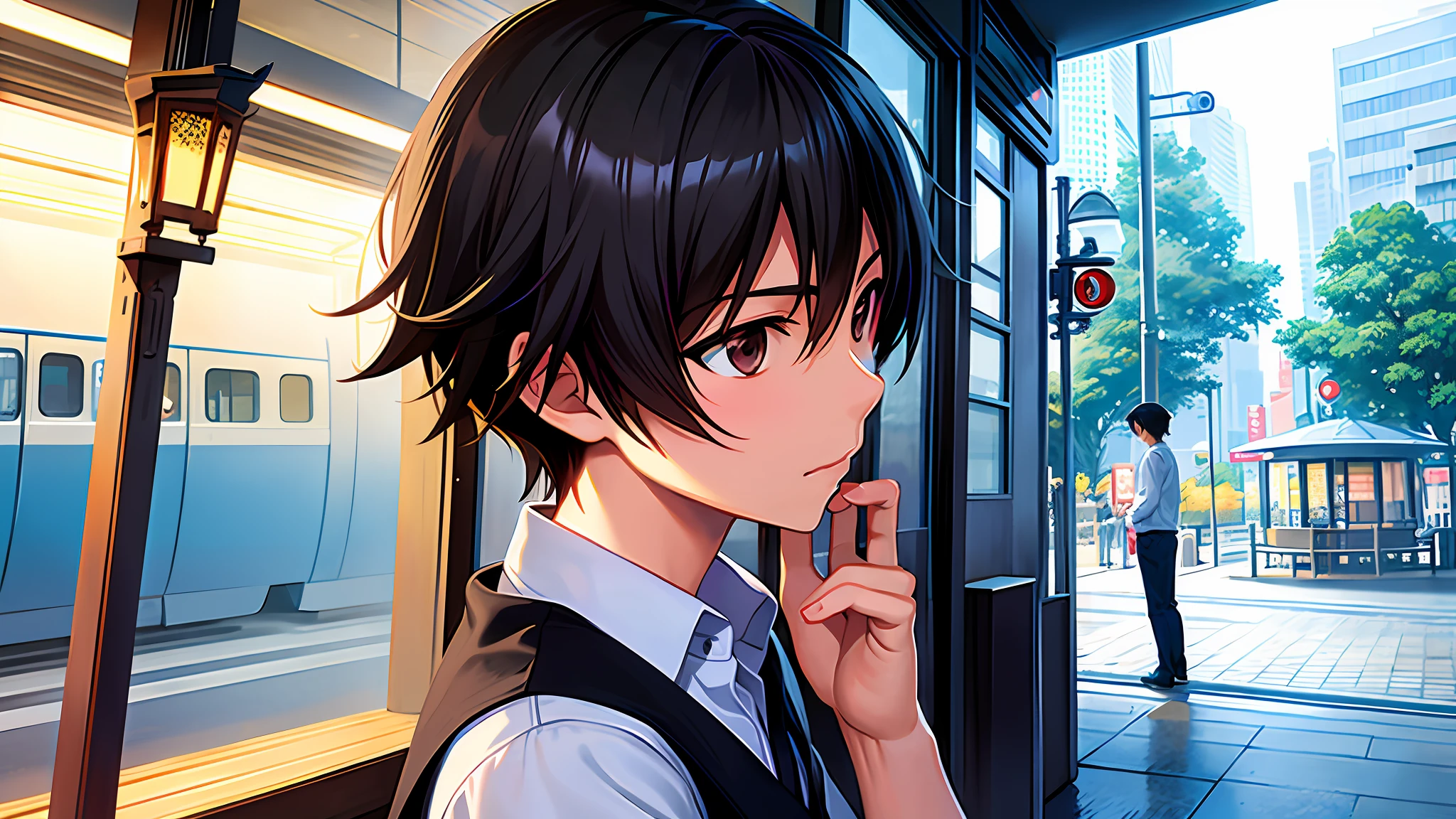 There is a boy painting,long brown hair,big shiny eyes, tall and handsome, waiting for his girlfriend,in Tokyo bus stand , there is a lamp , weather is Raining,he wear white shirt,and look in his watch',in style of makoto shinkai, makoto shinkai art style, anime beautiful peace scene, style of makoto shinkai, makoto shinkai!, makoto shinkai!!, makoto shinkai cyril rolando, makoto shinkai style, conrad roset and makoto shinkai
