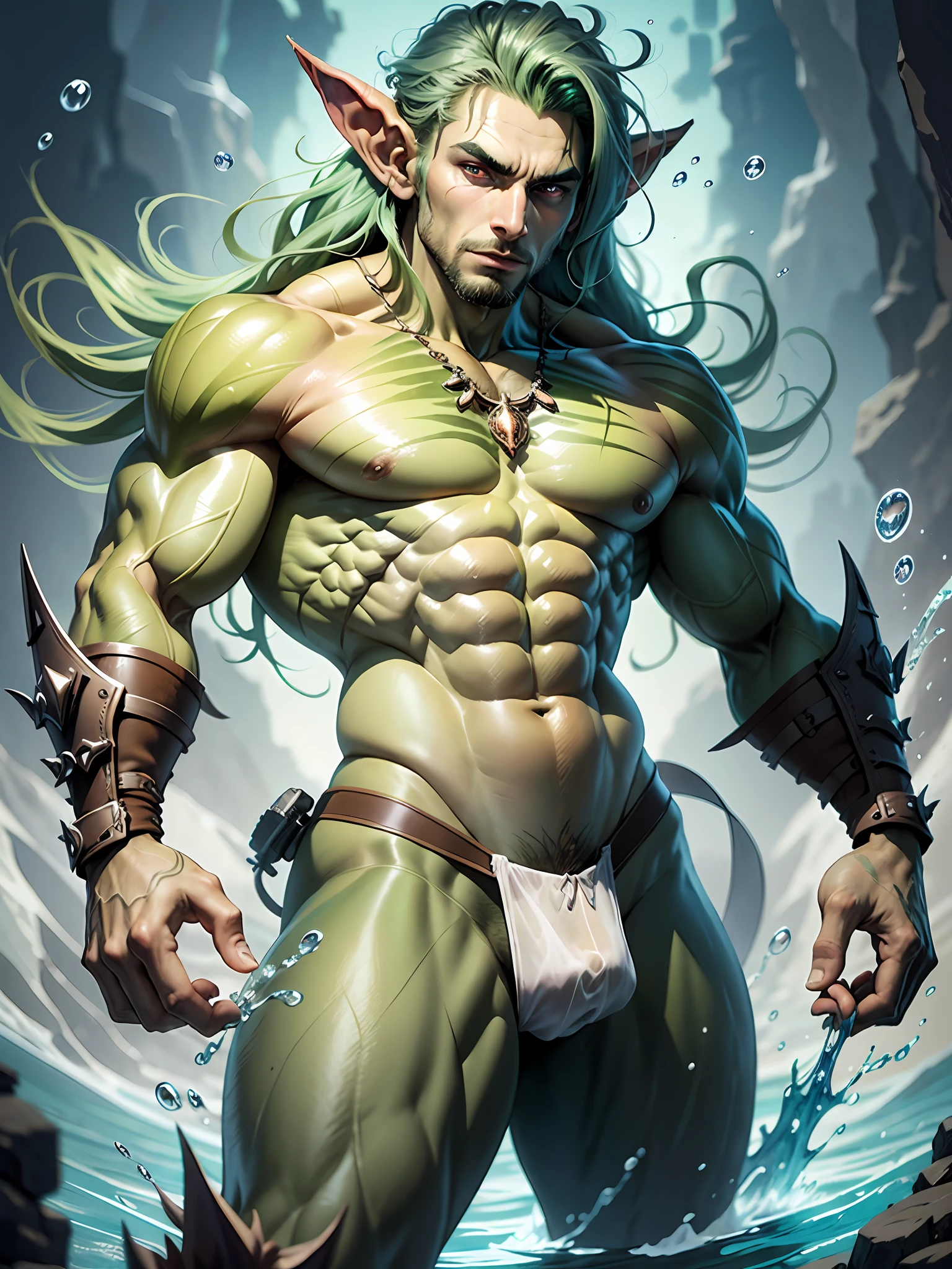 (hyper-realistic digital illustration), hires, best quality, goblin wearing micro thong, full mast, erect bulge, see-through thong , underwater world, wide angle, swimming, athletic body, male, iridescent skin, flat chest, silver eyes, green hair styled in spikes, determined expression, bioluminescent lighting, small waist, broad chest, big mane, slim scruffy, muscular , illustration, watercolor ink sketch, (best quality)), intricate detailed,