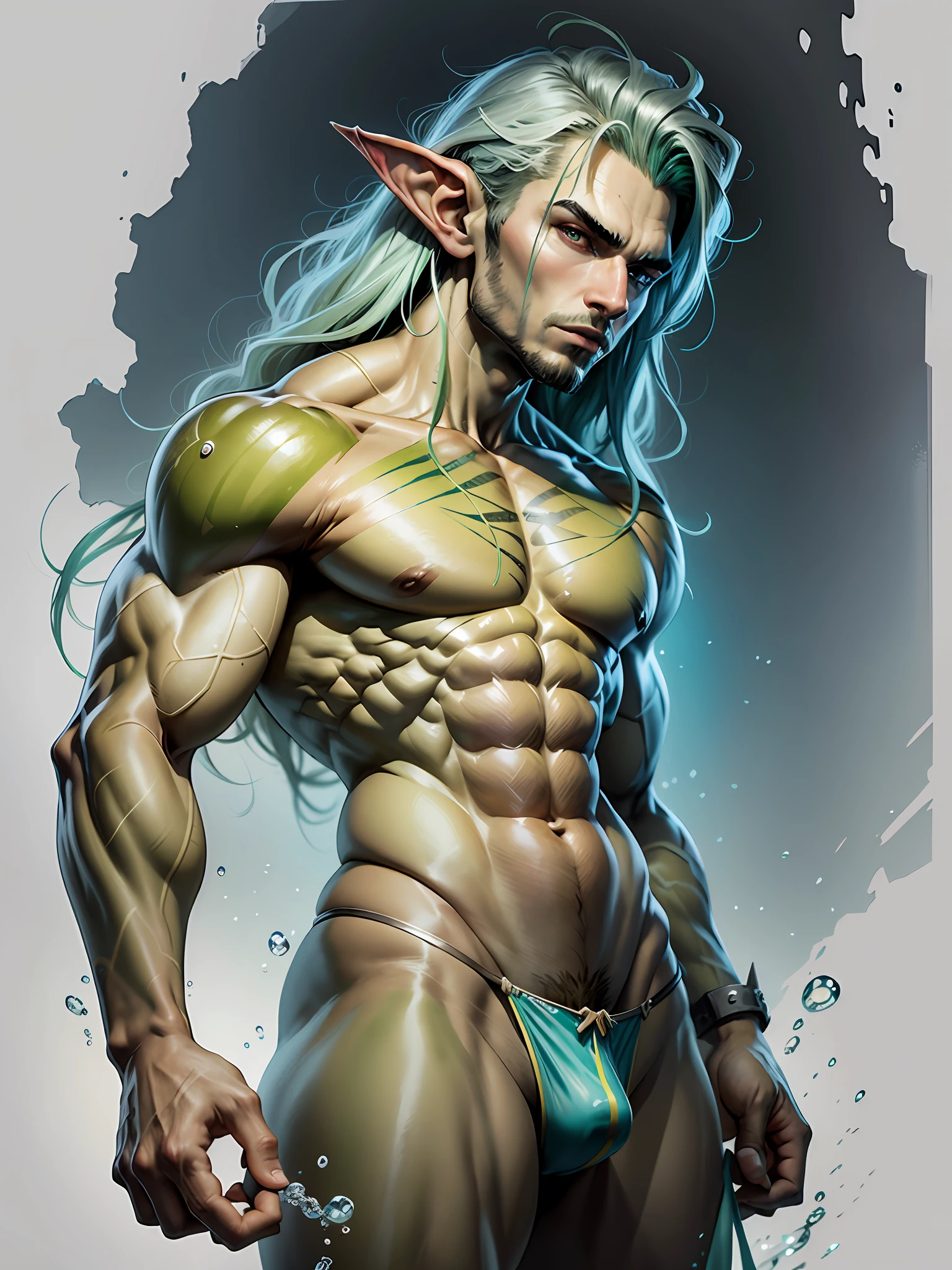 (hyper-realistic digital illustration), hires, best quality, goblin wearing micro thong, full mast, erect bulge, see-through thong , underwater world, wide angle, swimming, athletic body, male, iridescent skin, flat chest, silver eyes, green hair styled in spikes, determined expression, bioluminescent lighting, small waist, broad chest, big mane, slim scruffy, muscular , illustration, watercolor ink sketch, (best quality)), intricate detailed,