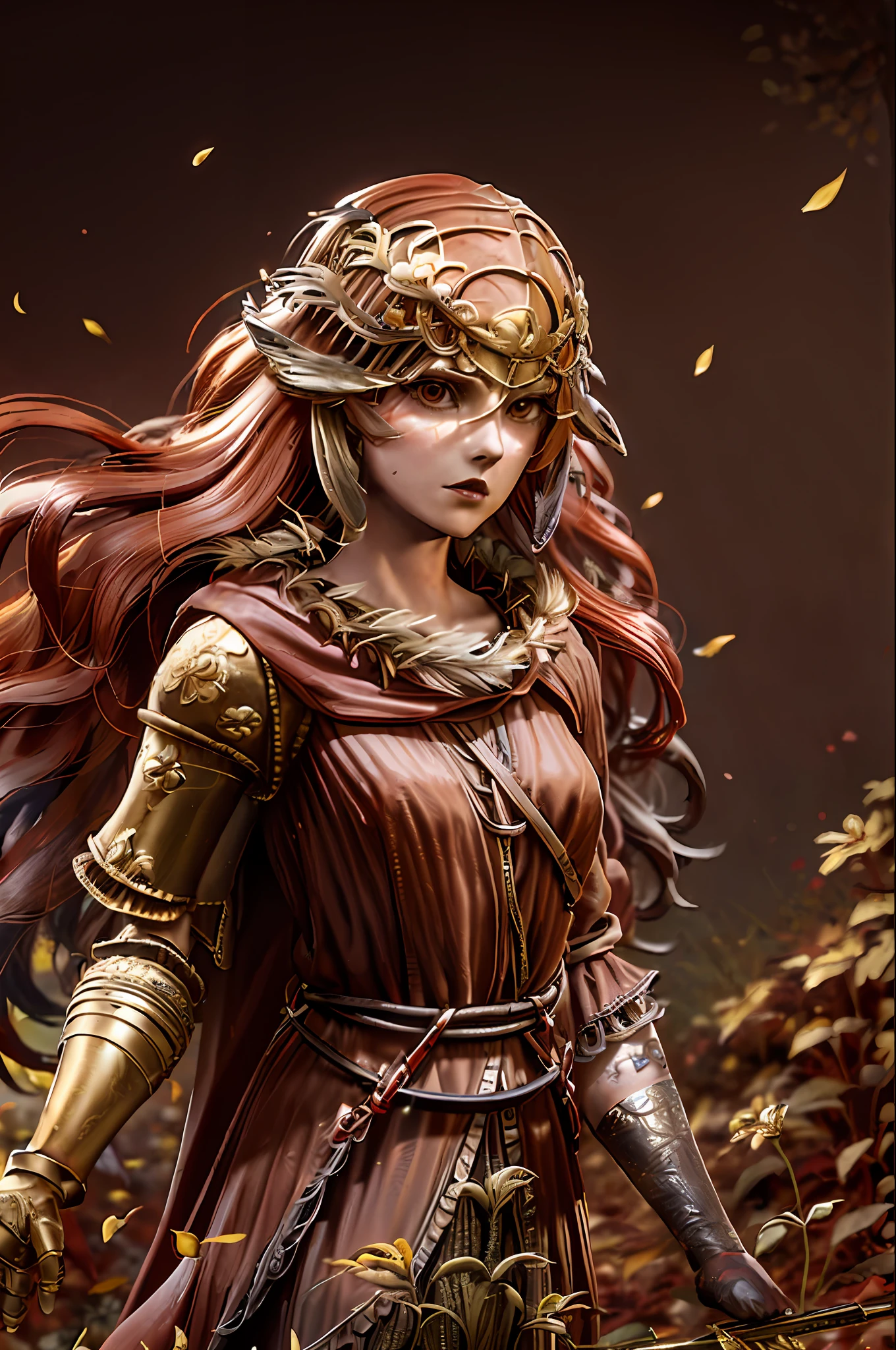 Woman, walking, Cape red is torn ,((Knuckle golden hands,)) ((long wavy red hair)), muscles , ((Hold me a sword that drags on the ground, ((sparks)),((weed flowers background ))
