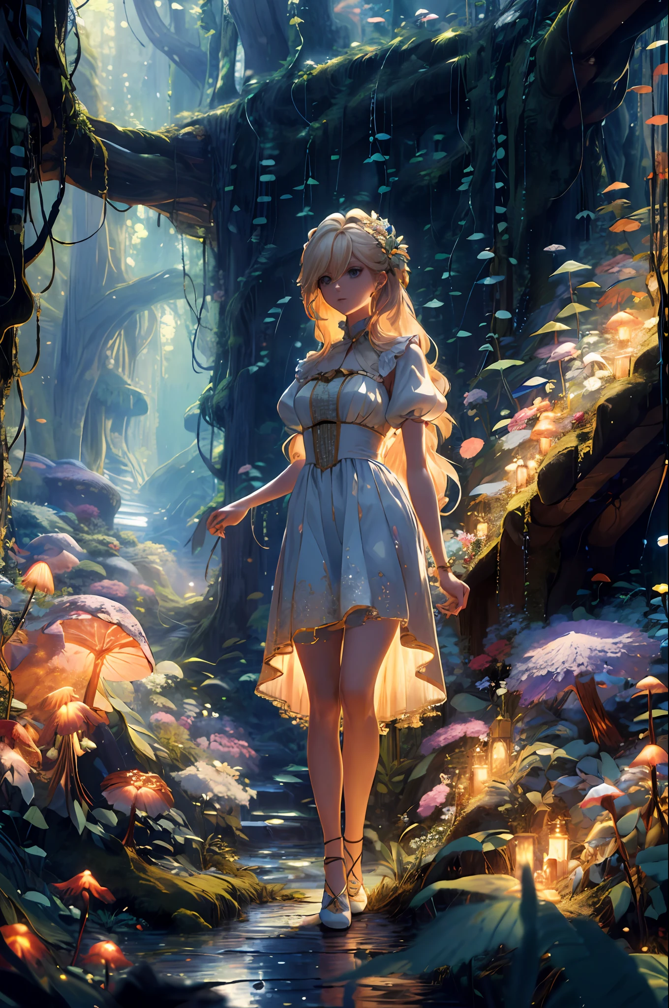 "((masterpiece)), superior quality, ultra-detailed, a delicate young blonde walking in an avatar-style forest, long, shiny hair, light clothes with ruffles, a mystical and magical atmosphere, tall, leafy trees behind her, stunning light effects, a spectacle of pure natural beauty."